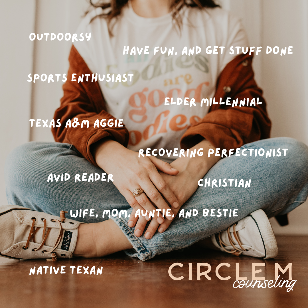 Person sitting cross-legged on the floor, wearing jeans, a white T-shirt with graphics, a brown jacket, and sneakers, with various texts overlaid describing hobbies, traits, and relationships.