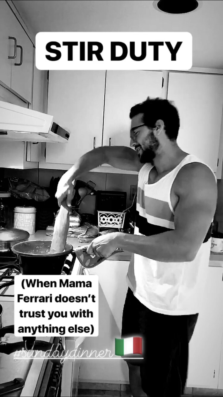 A man cooking in a kitchen, stirring a pot on the stove while smiling, with text overlay saying "STIR DUTY" and a caption about trust, along with an Italian flag and hashtag #sundaydinner.