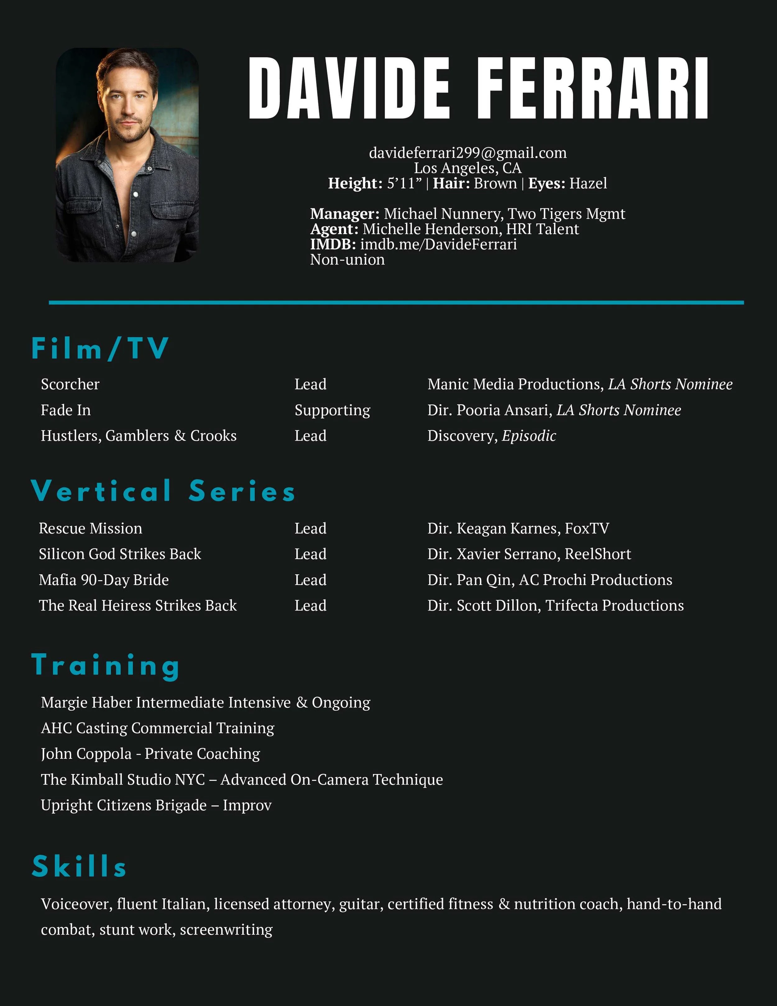 A digital profile card for Davide Ferrari featuring a portrait in the top left corner. The card provides contact details, physical attributes, management and agency information, a link to IMDb, and indicates non-union status. The card includes sections titled 'Film/TV', 'Vertical Series', 'Training', and 'Skills', listing various roles, productions, training, and skills in each category. The background is black with white and blue text.