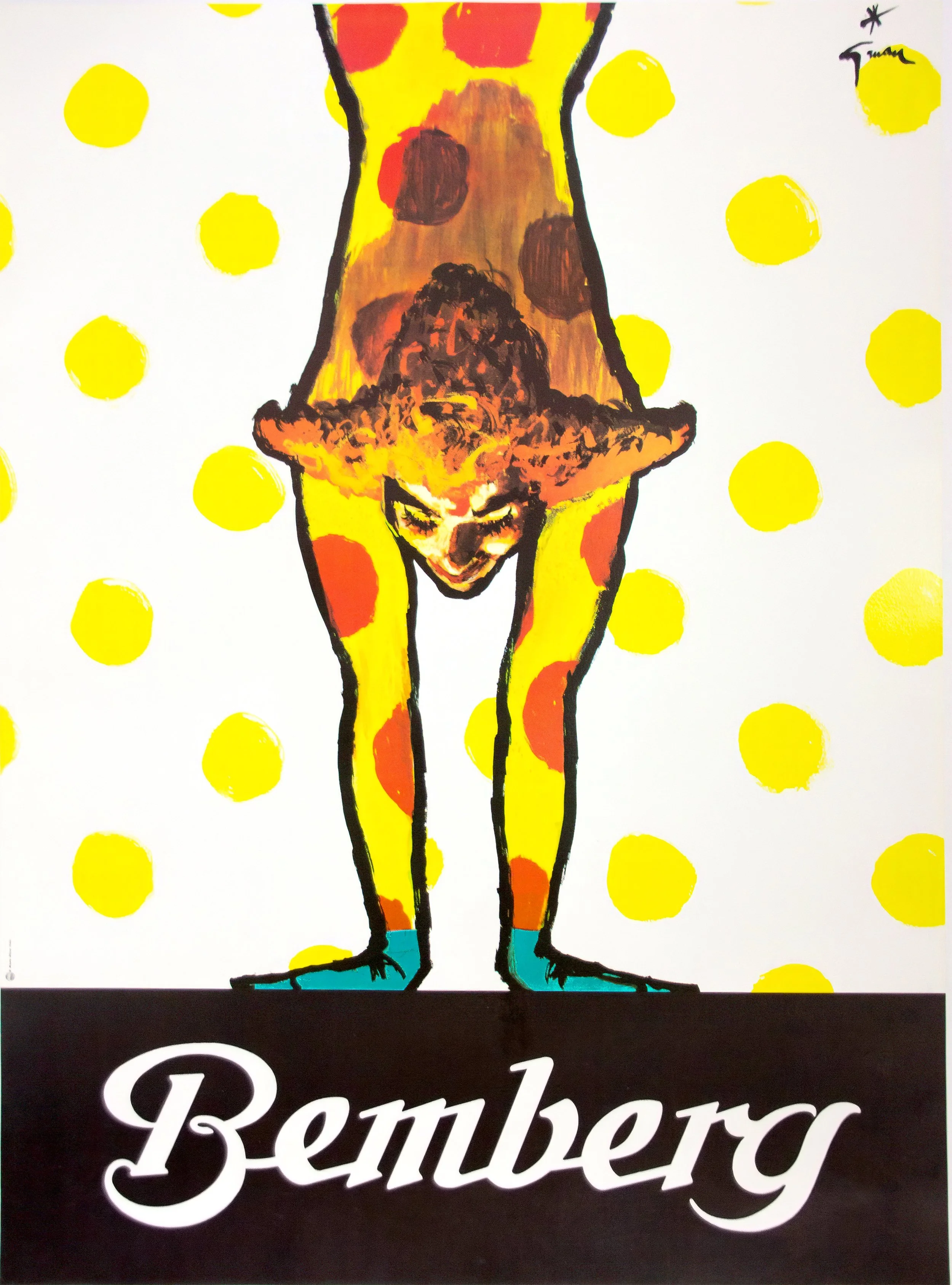 JP Bemberg vintage advertising poster of an acrobat in a handstand designed by Rene Gruau
