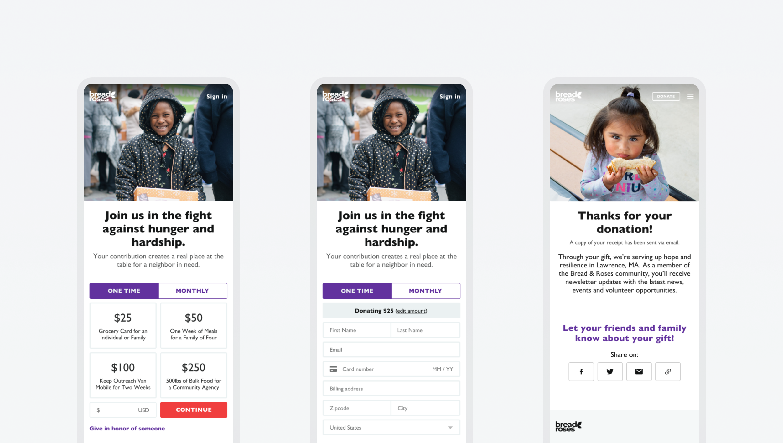Donation flow hi-fi mockup for mobile
