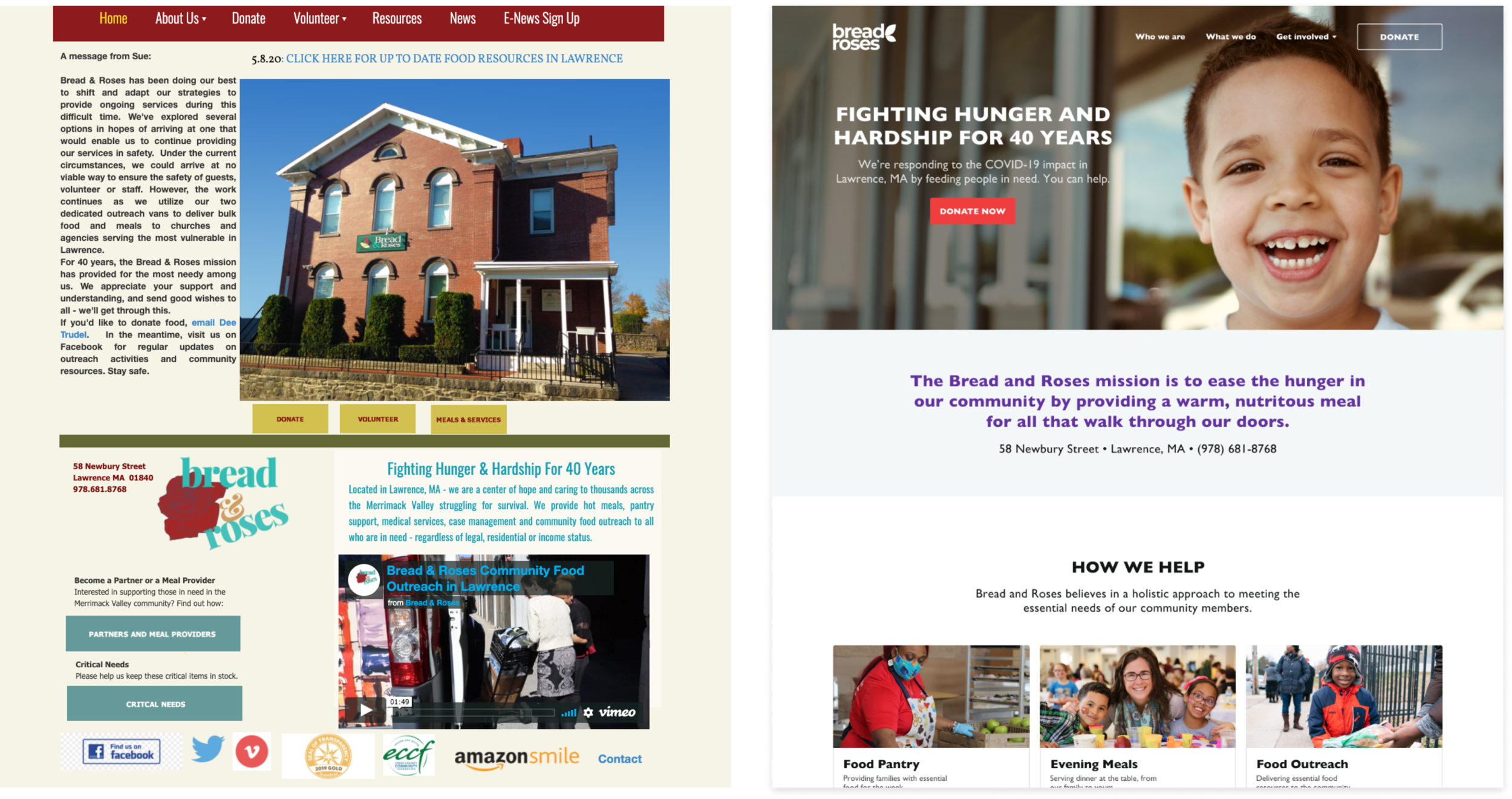 Before and after preview of the Bread and Roses site redesign