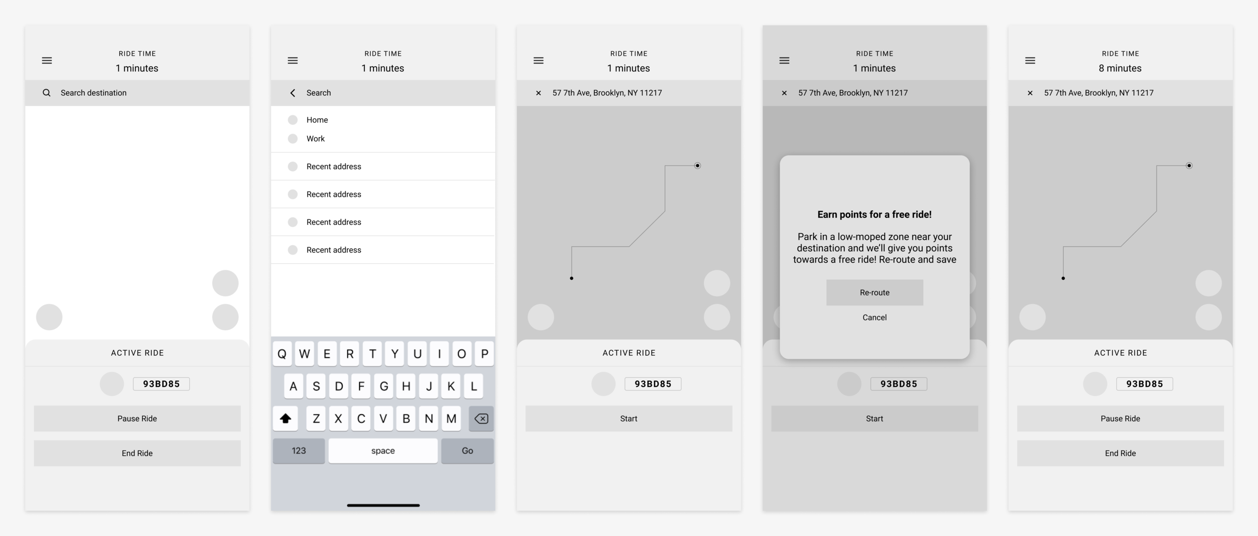 Low fidelity wireframes for the added navigation and reward system features