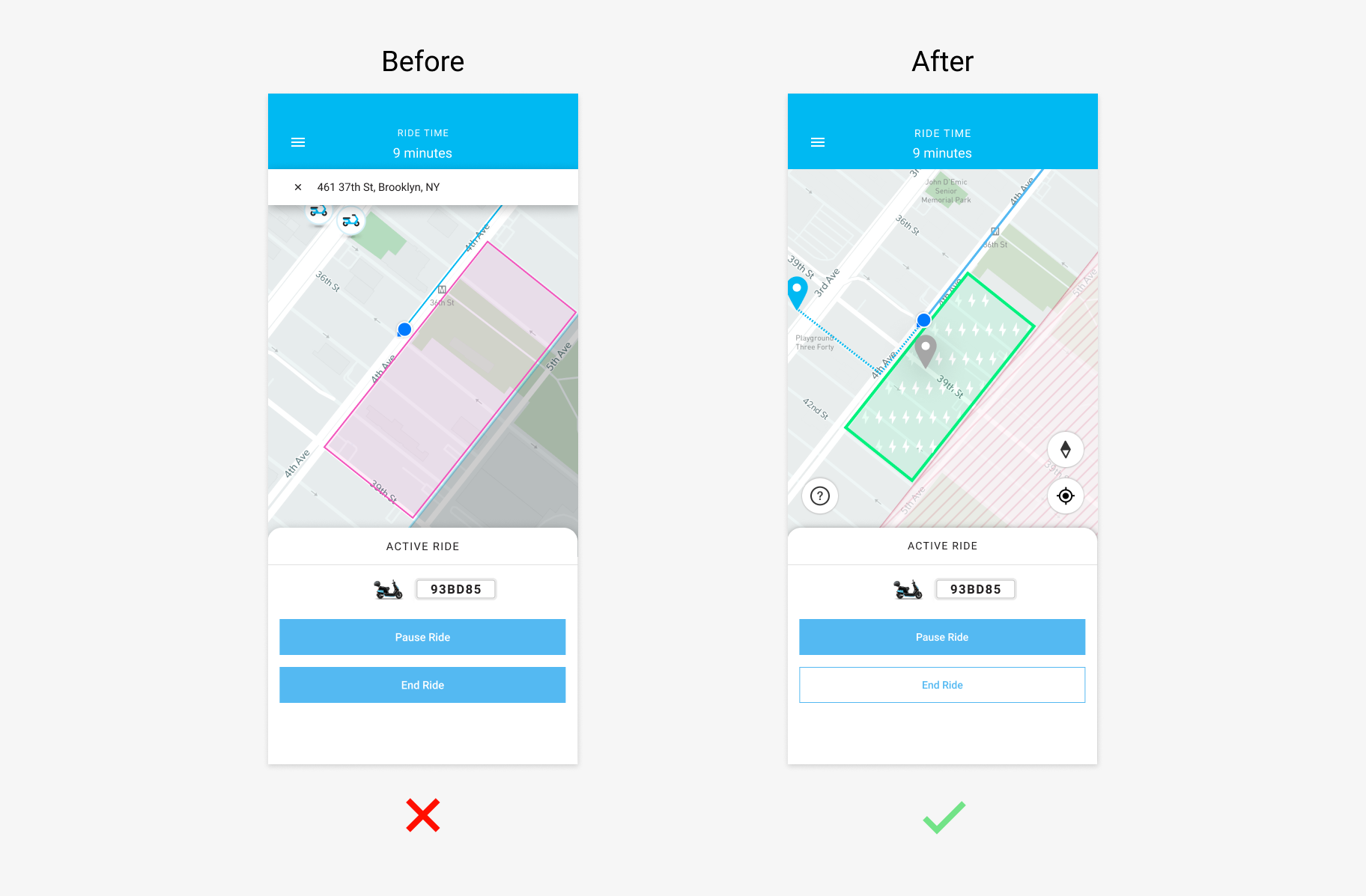 Updated indicator for low-moped zones in a more appropriate color-way that contrasts restricted zones.
