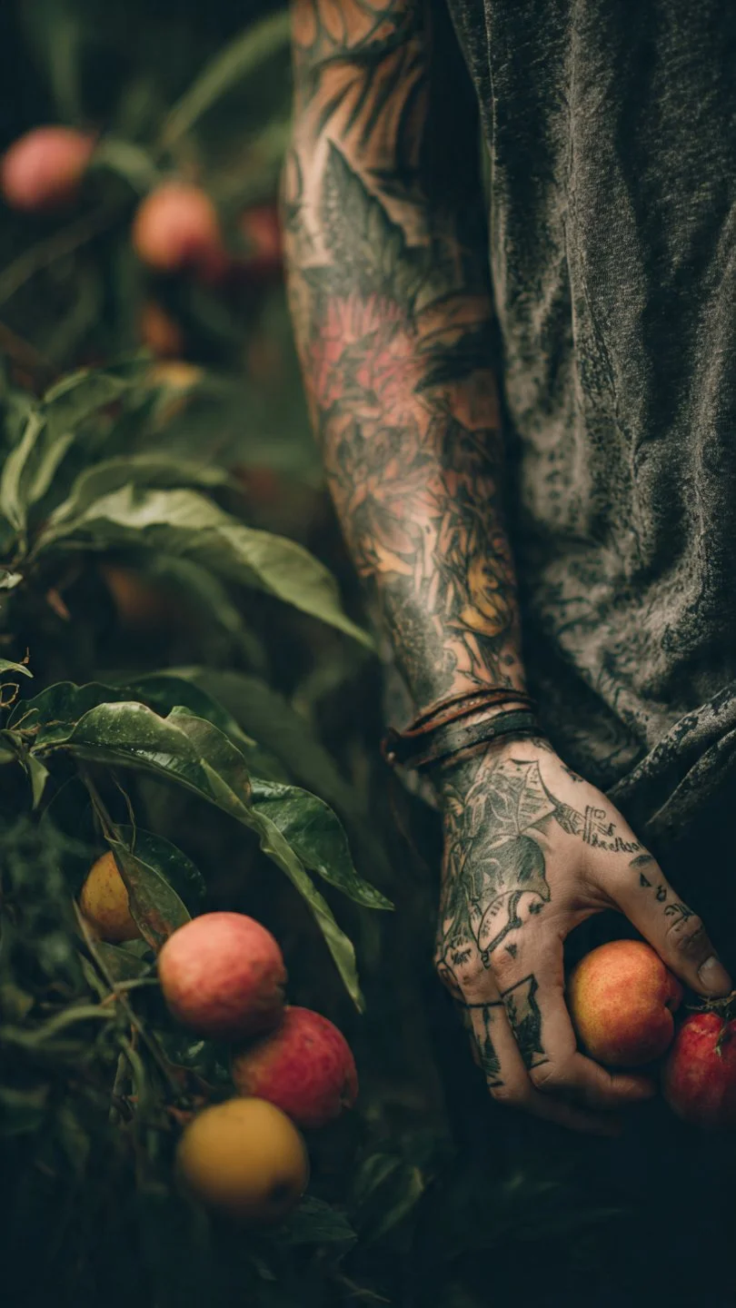Person with tattoos picking apples from a tree.