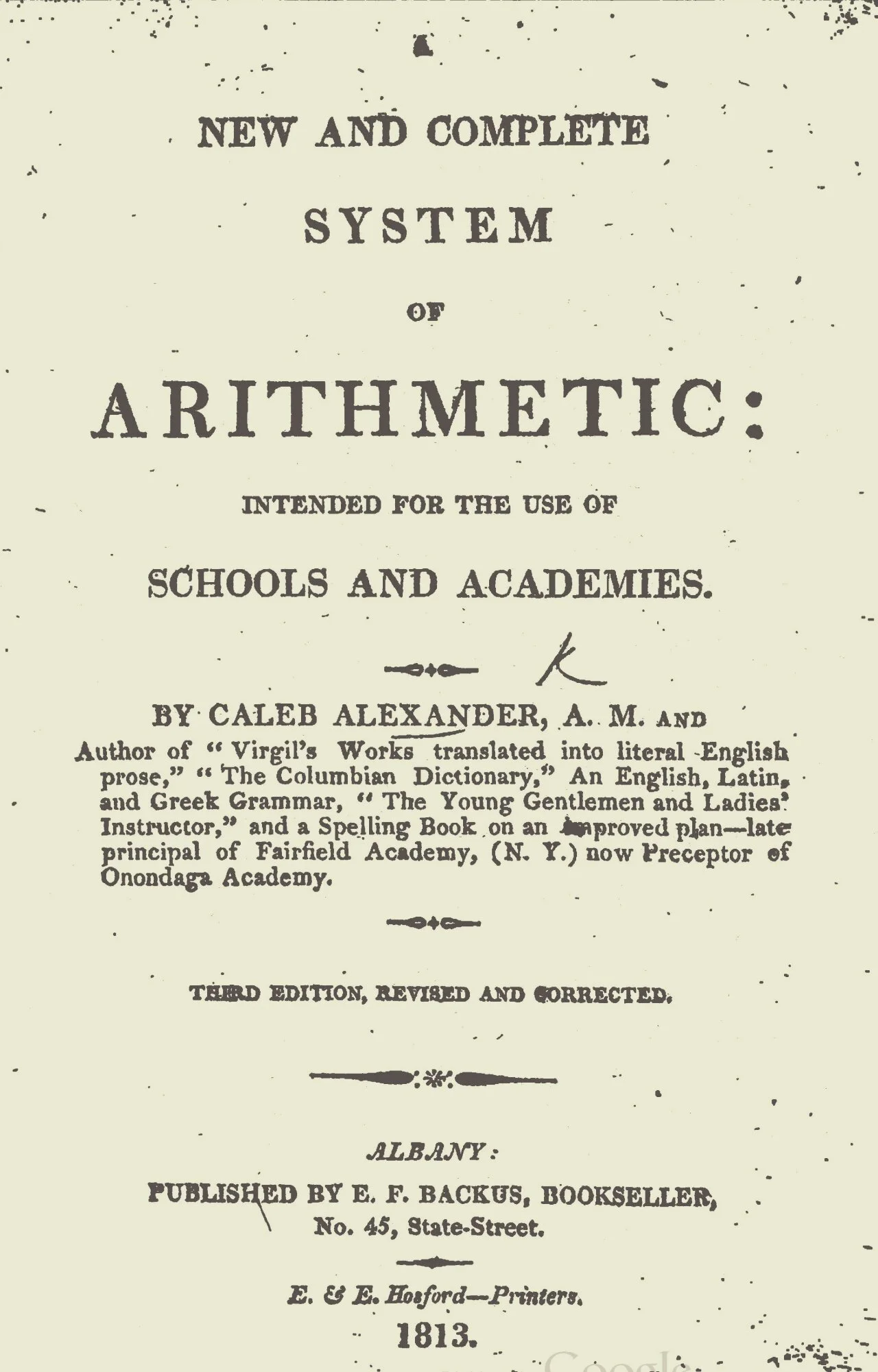Alexander, Caleb, A New and Complete System of Arithmetic Title Page.jpg