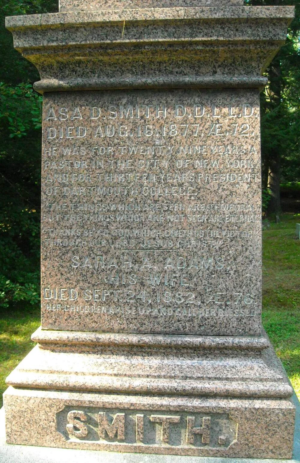 Asa Dodge Smith is buried at Dartmouth College Cemetery, Hanover,&nbsp;New Hampshire.