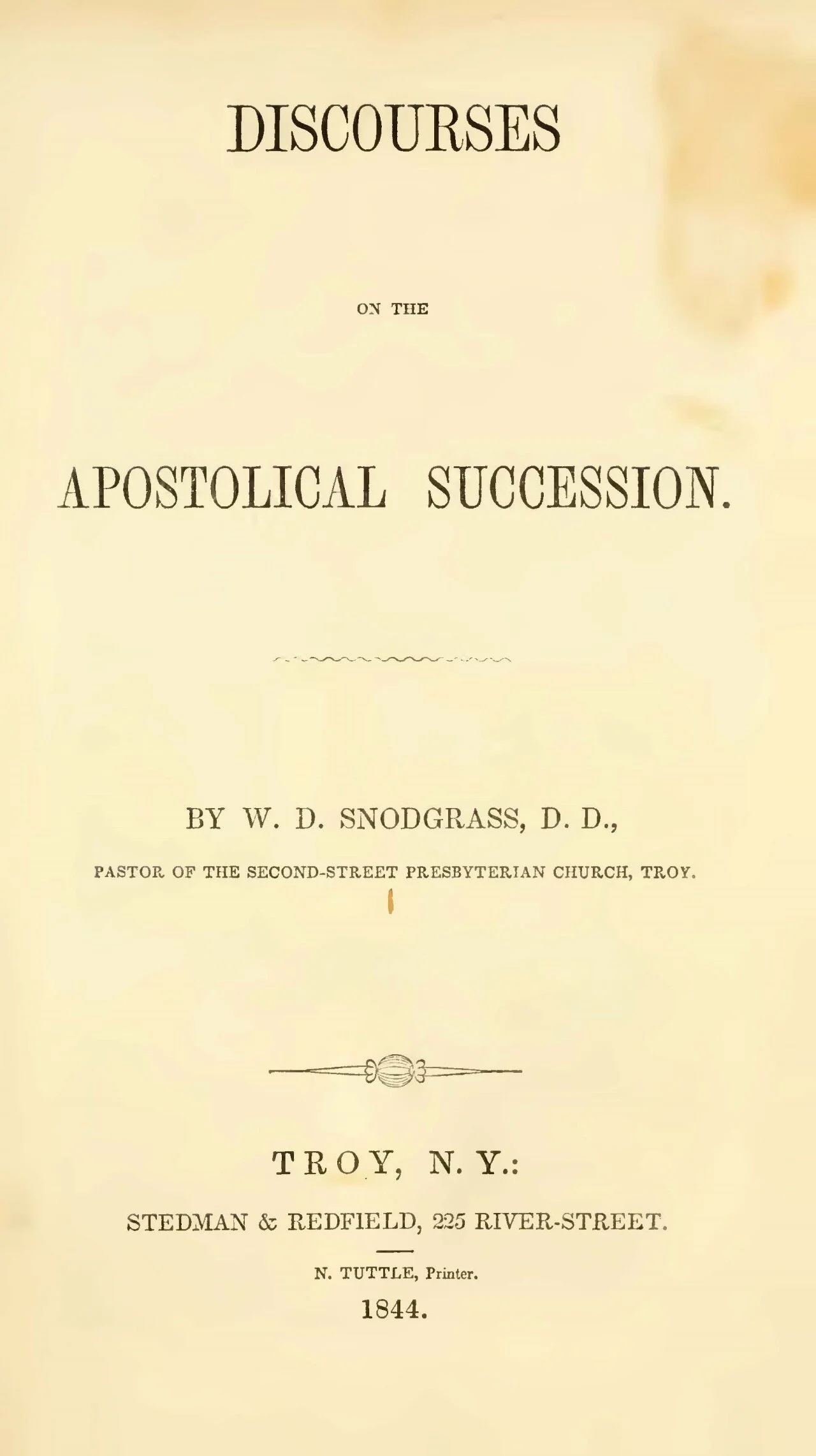 Snodgrass, William Davis, Discourses on the Apostolical Succession Title Page.jpg