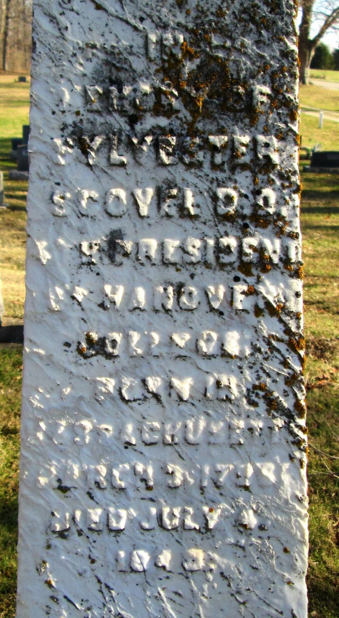 Sylvester Scovel is buried at Hanover Cemetery, Hanover, Indiana.