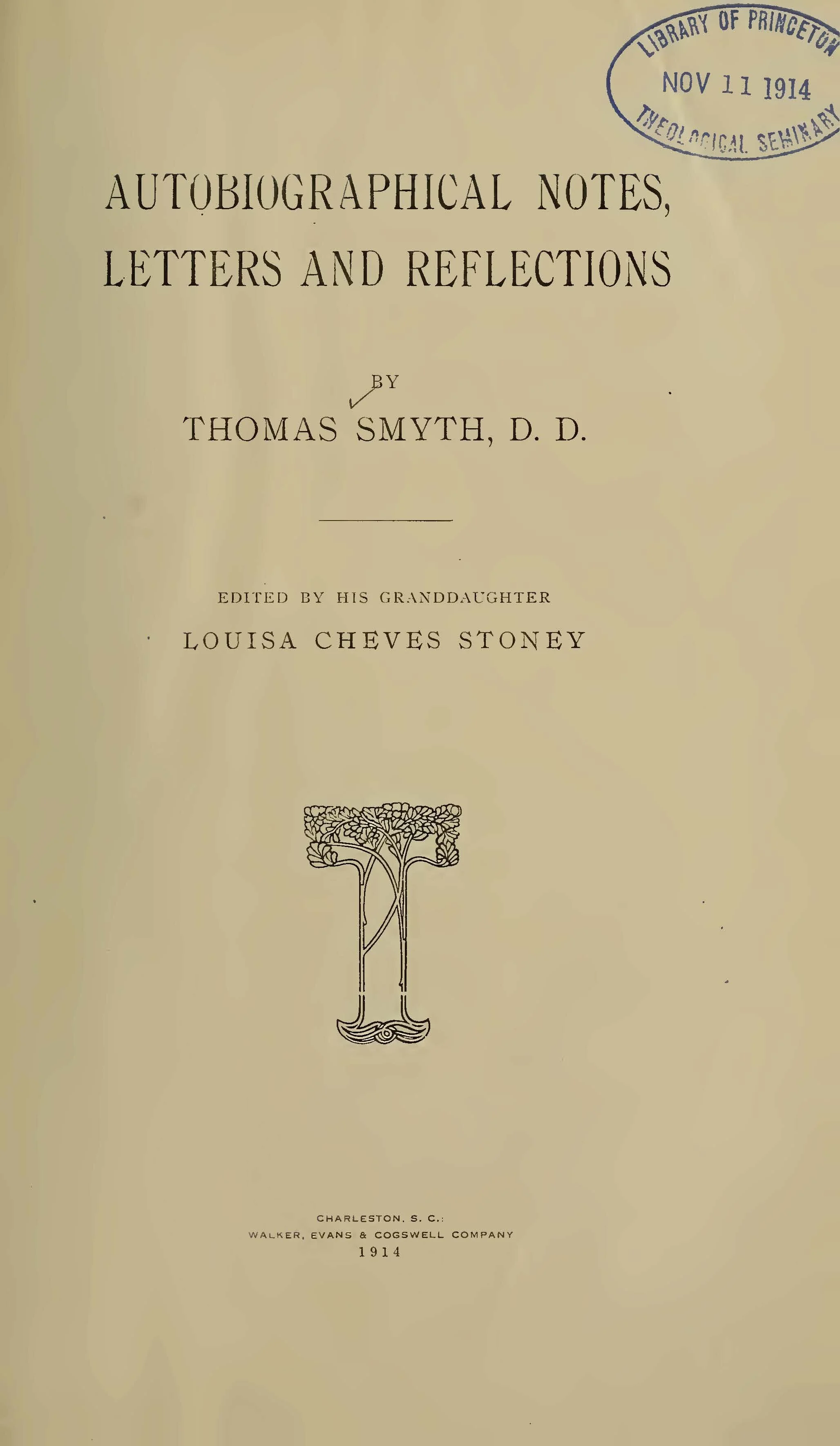 Stoney, Louisa Smythe Cheves, Autobiographical Notes Title Page.jpg