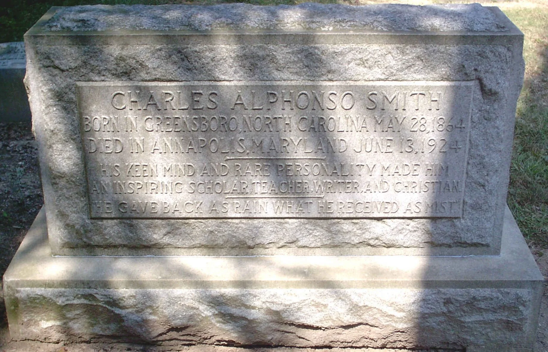 Charles Alphonso Smith is buried at Green Hill Cemetery, Greensboro, North Carolina.