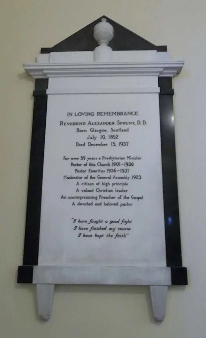 Memorial tablet for Alexander Sprunt at the First Scots Church, Charleston, South Carolina.