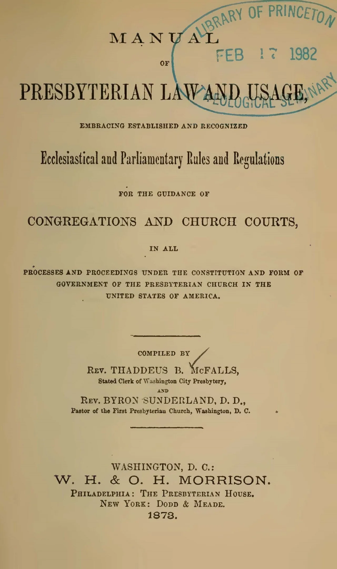 Sunderland, Byron, Manual of Presbyterian Law and Usage Title Page.jpg