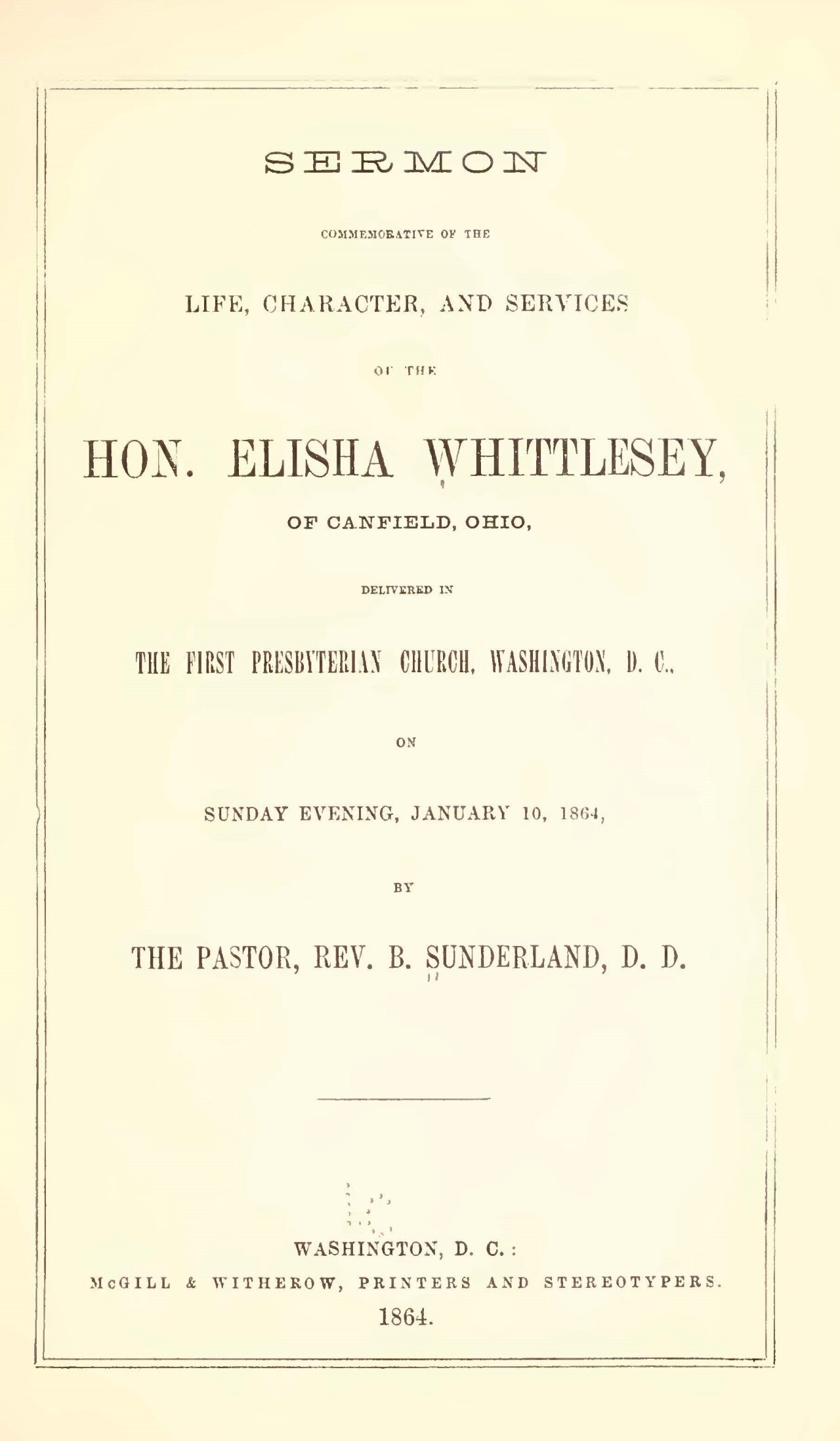 Sunderland, Byron, Sermon Commemorative of Elisha Whittlesey Title Page.jpg
