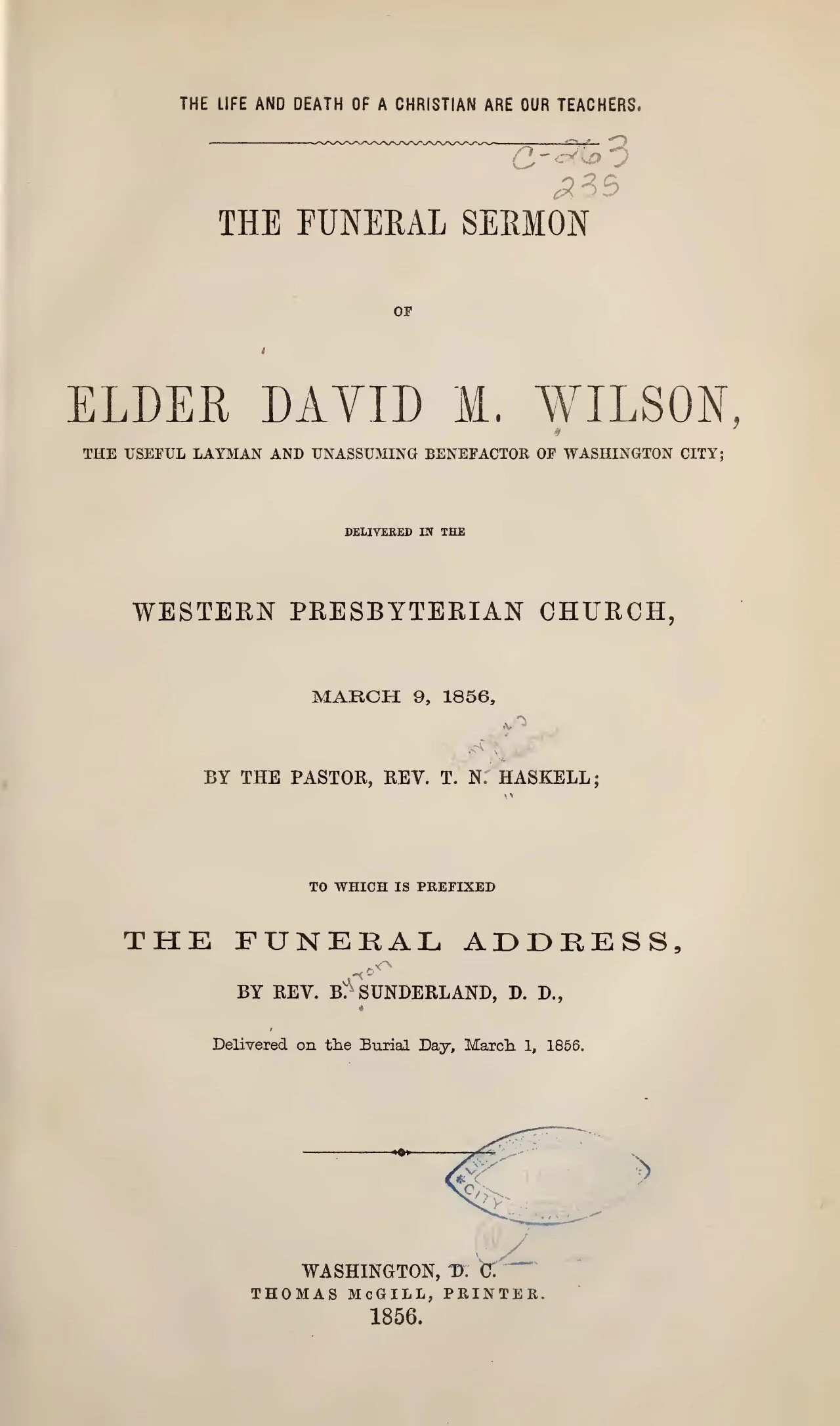 Sunderland, Byron, Funeral Address for David M. Wilson Title Page.jpg