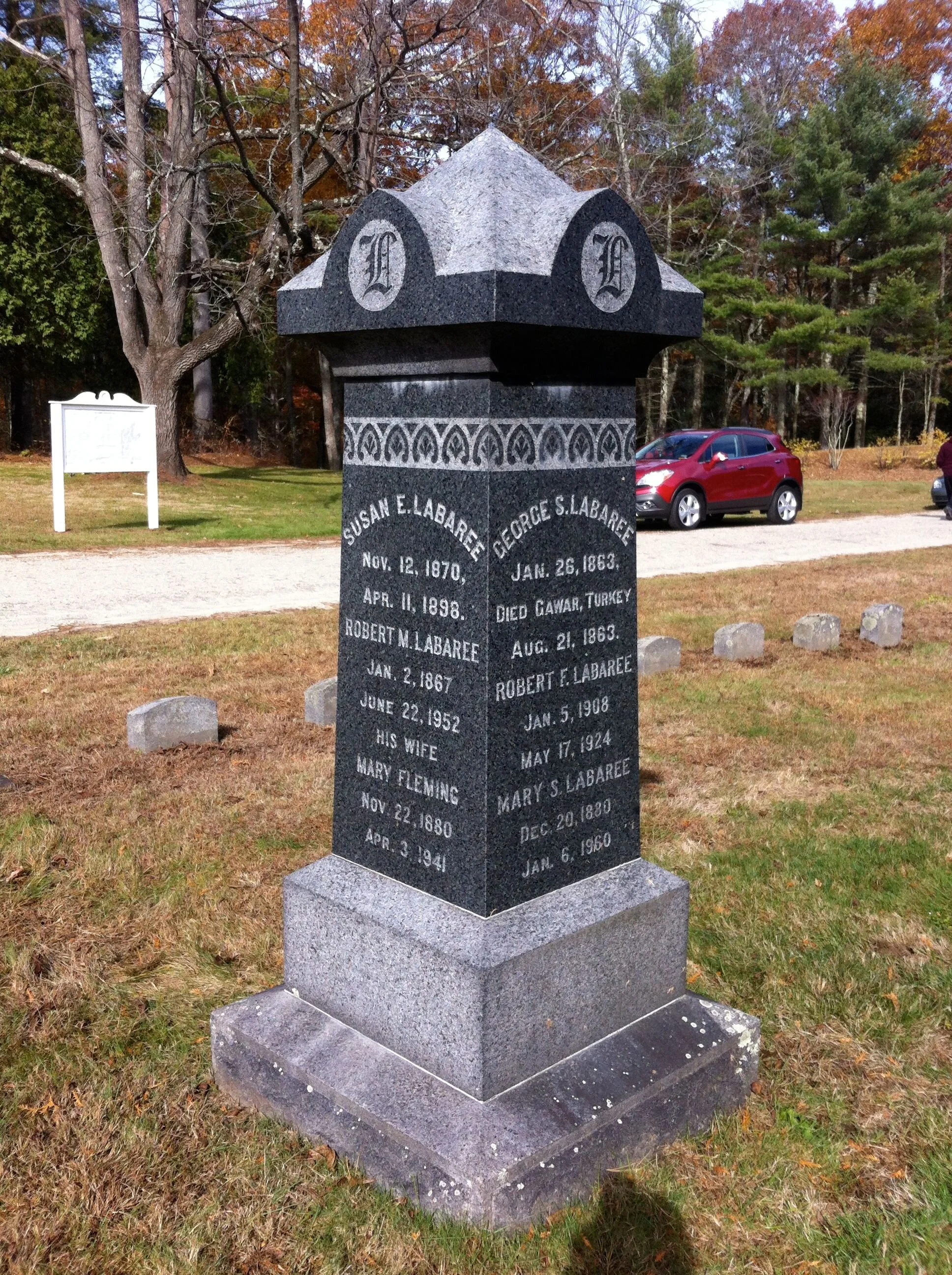 Robert McEwan Labaree is buried at Quabbin Park Cemetery, Ware, Massachusetts.