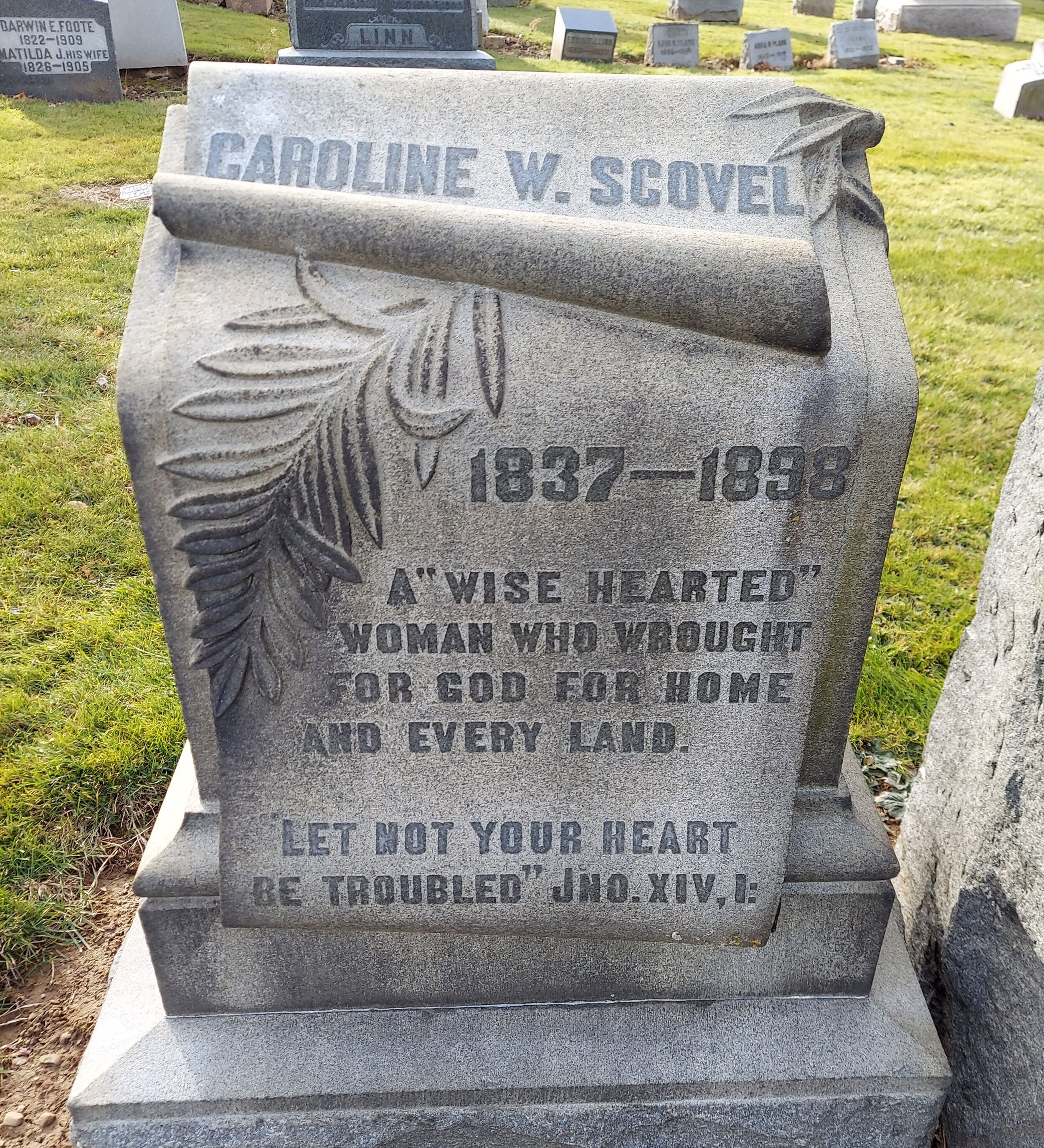 Caroline Woodruff Scovel is buried at Wooster Cemetery, Wooster, Ohio.