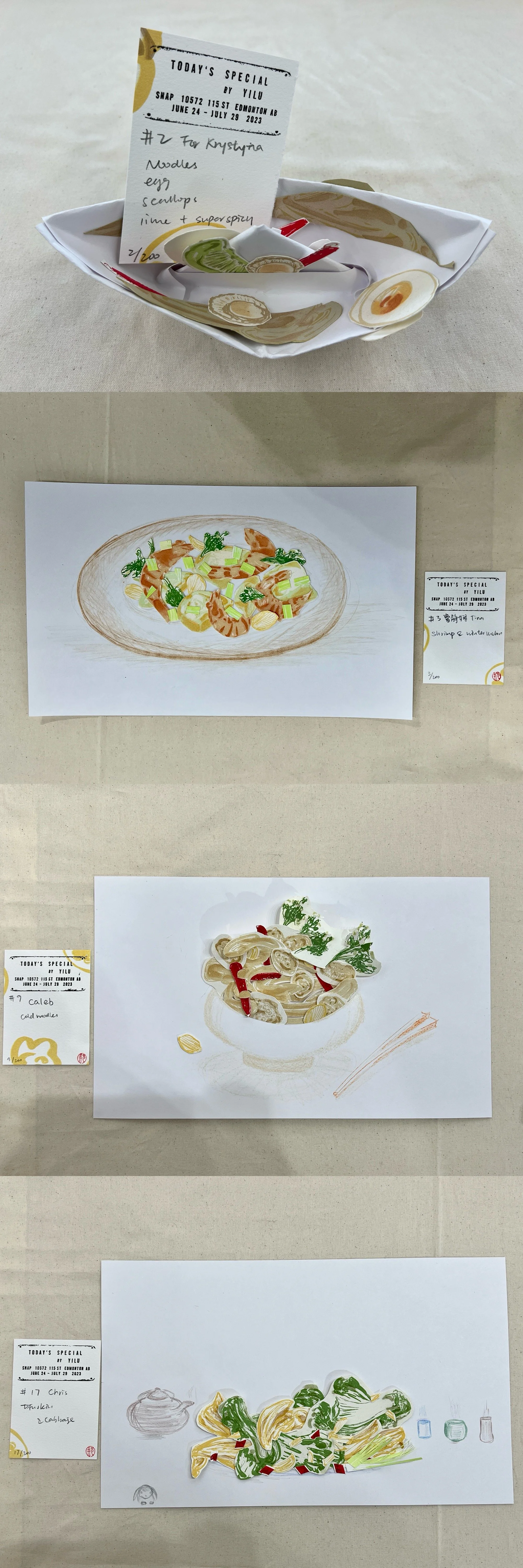 Samples of participants’ paper collages and printed receipts, created during the interactive Saturday performances.
