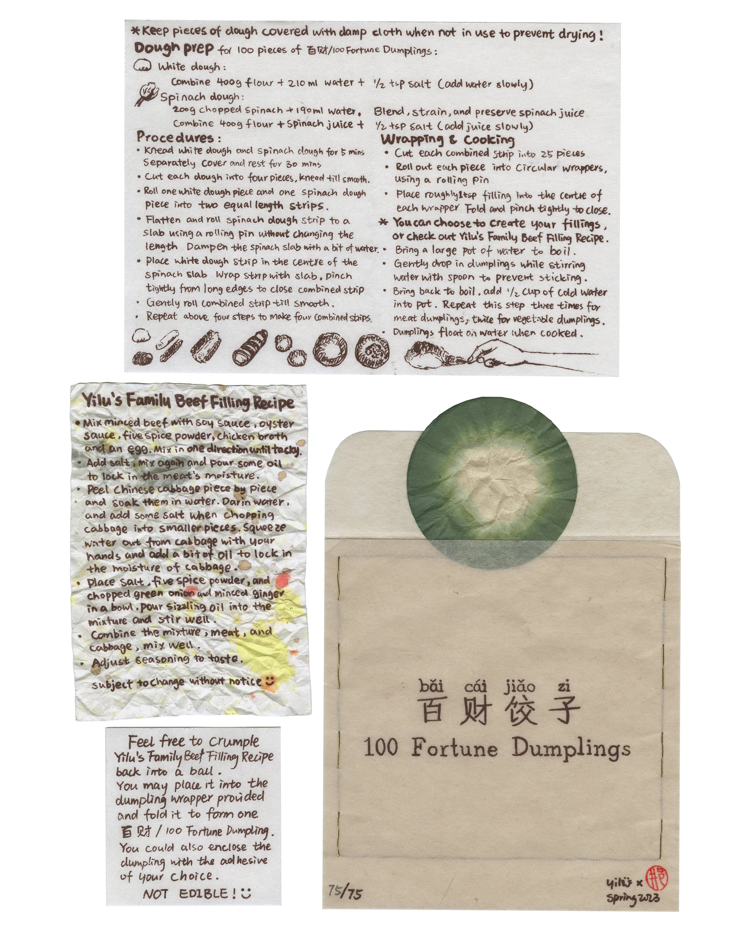  In this paper dumpling kit, you will find two printed recipes: one containing instructions for the dough prepping, wrapping, and cooking of the dual-colour dumplings; one crumbled paper ball containing Yilu’s family beef-filling recipe. Additionally