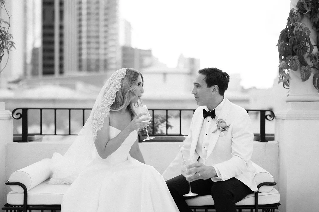Jess &amp; Nathan&rsquo;s brief: bold colour. Our answer: fuchsia bougainvillea cascading down a Perth city rooftop.
 
@espresso_and_prosecco_perth rooftop terrace gave us ironwork balconies and urban architecture. We used it. Hot pinks, burnt orange