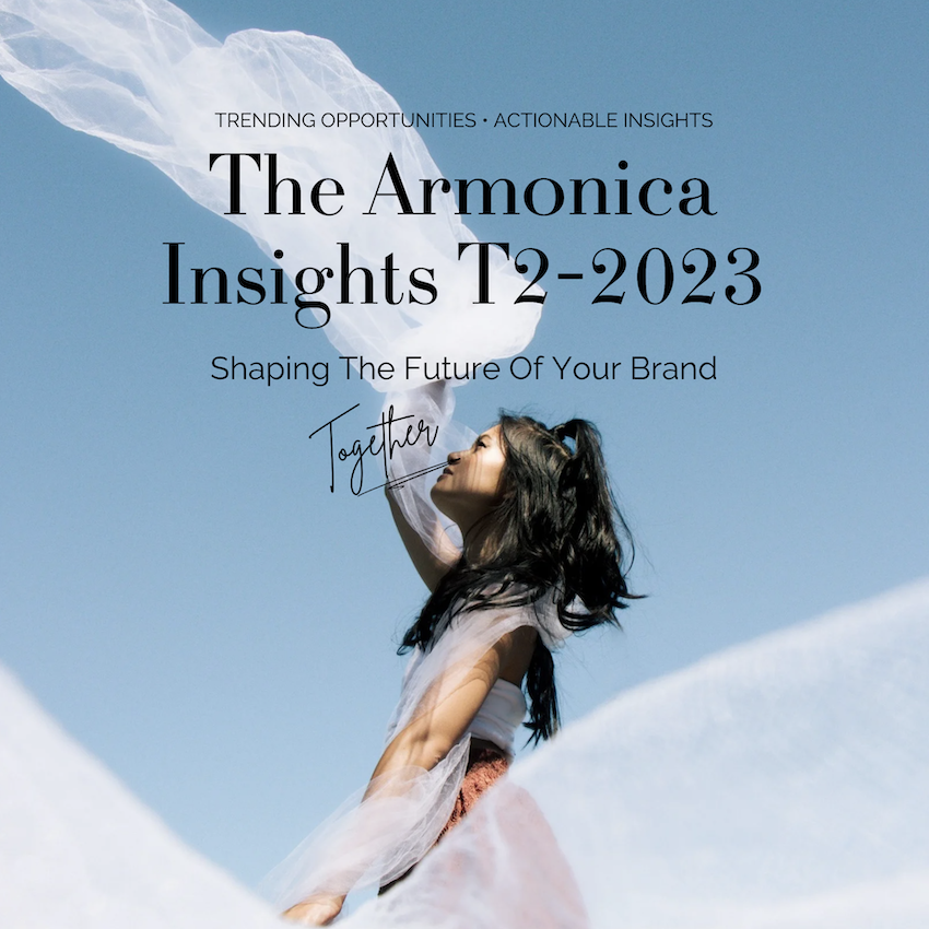 Cover page of The Armonica Insights T2-2023 showing a girl playing with a white tulle veil in the sun