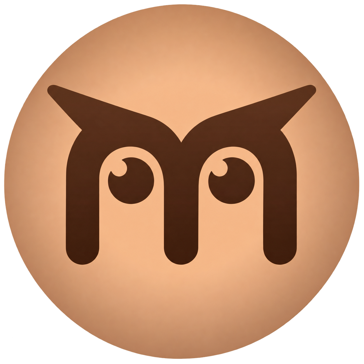 Cute stylized brown owl face with large eyes on a peach circular background
