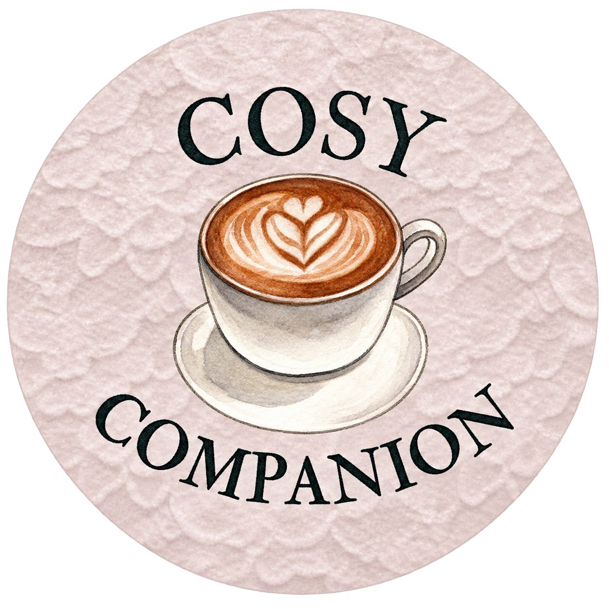 Vintage-style illustration of a latte with heart-shaped foam art in a cup and saucer, labeled “COSY COMPANION.”