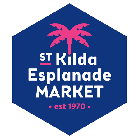 St Kilda Esplanade Market logo with pink palm trees and text “est 1970”