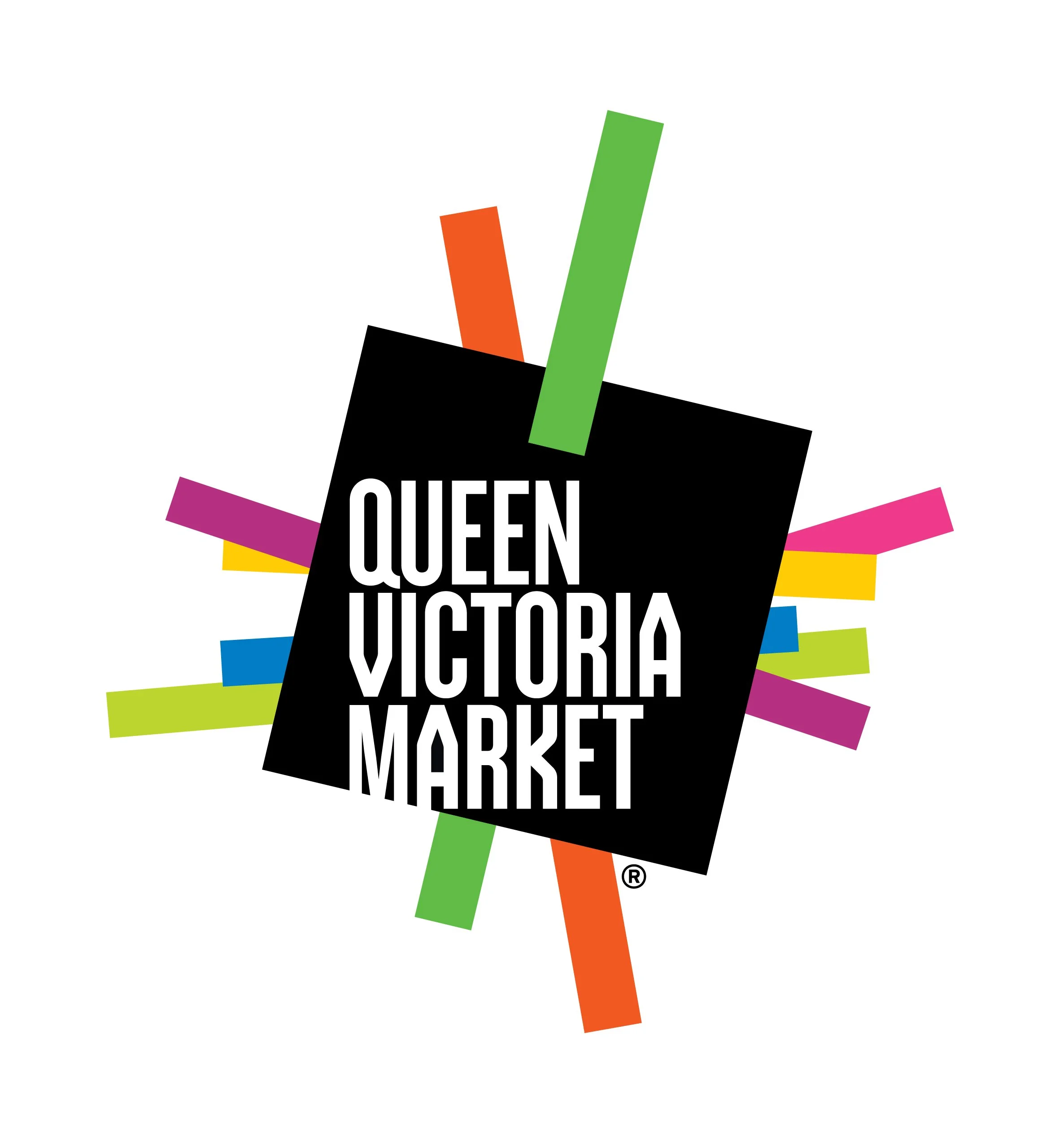 Queen Victoria Market logo on a black tilted square with colorful geometric bars