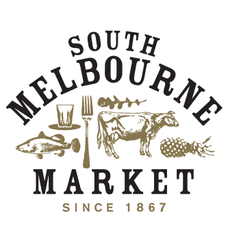 South Melbourne Market logo featuring a fish, fork, cow, seafood, and text reading “Since 1867”