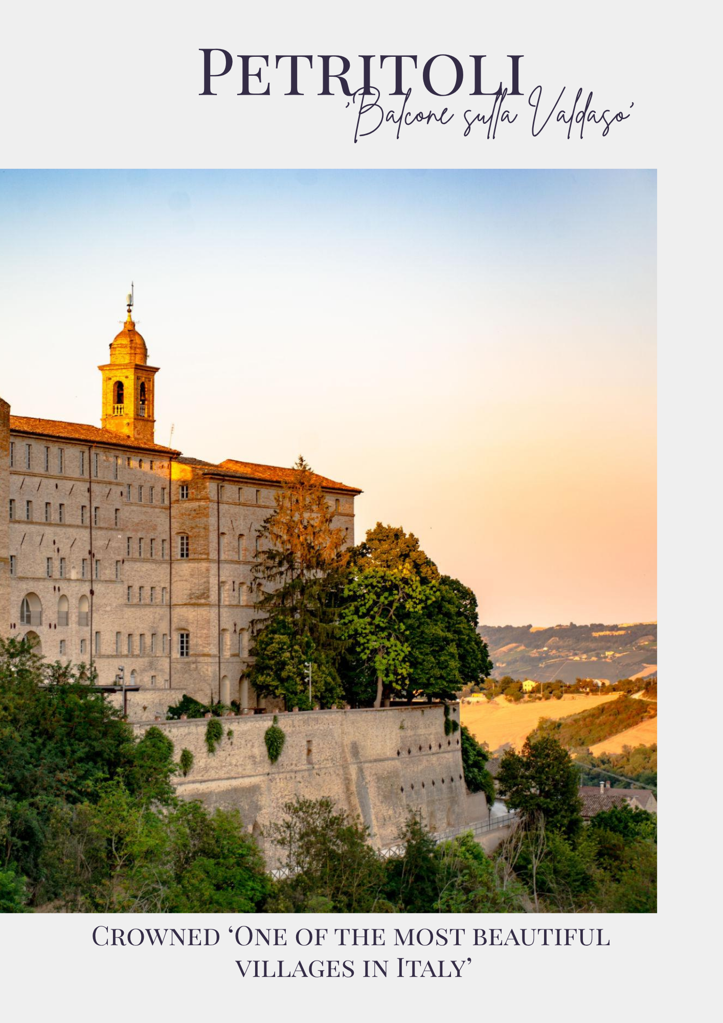 A scenic view of a historic Italian village with a castle and church tower, lush greenery, and rolling hills at sunset.