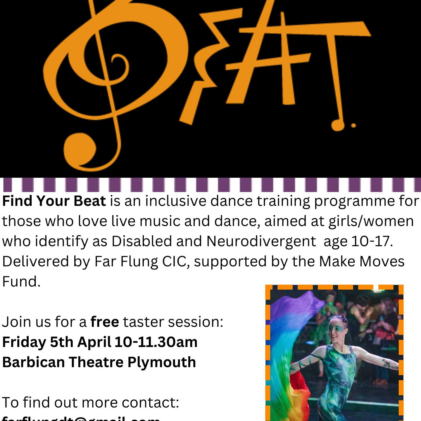 Do you love to dance//live music? If so, join brilliant @farflungc.i.c &lsquo;Find your beat&rsquo; in partnership with The Barbican Theatre Plymouth. an inclusive dance training programme for Disabled/Neurodivergent girls/women! free taster session 