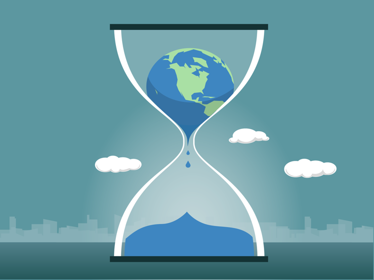 illustrated hour glass with the earth at the top of the container with it slowly dripping into the bottom.
