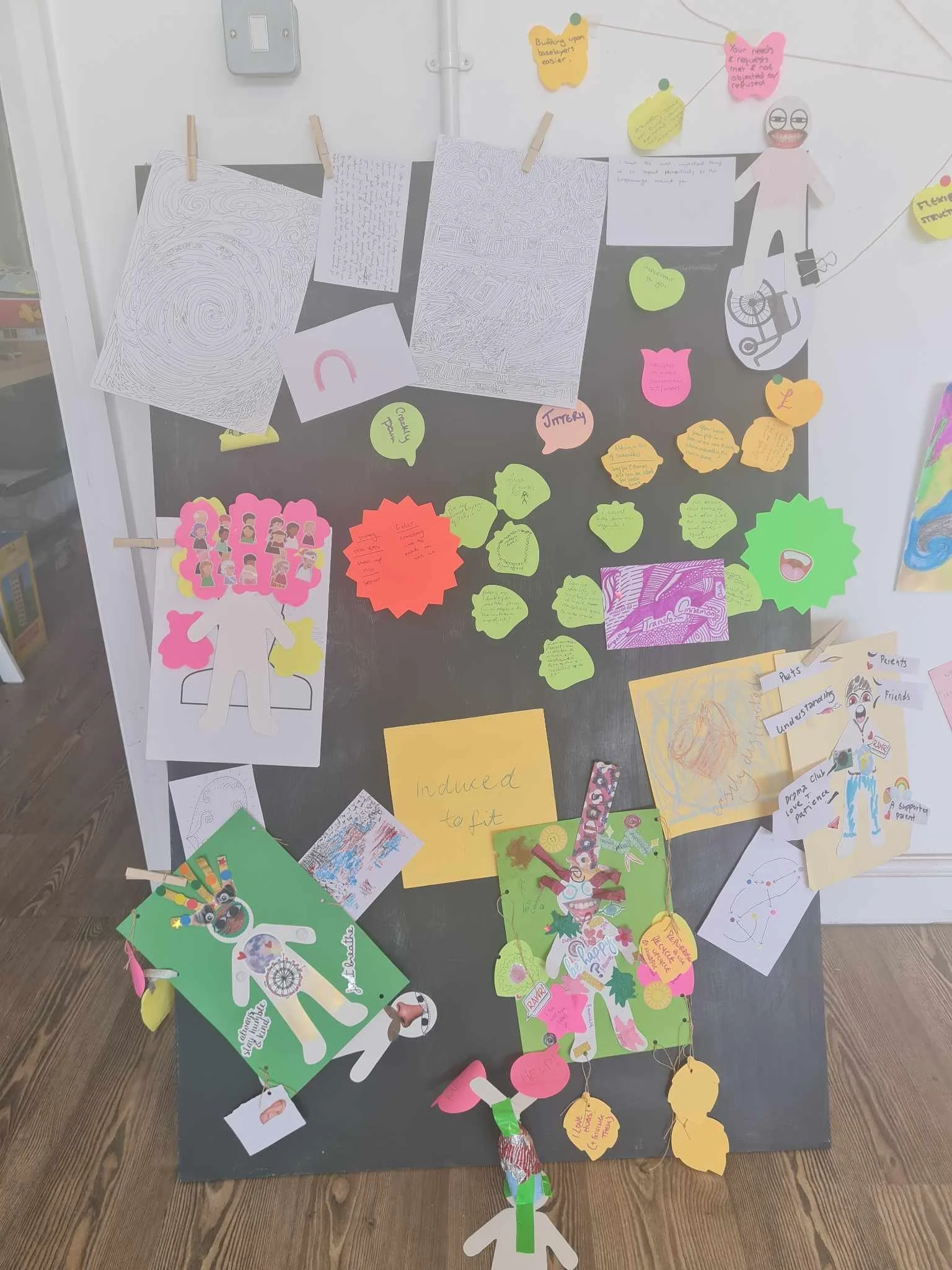 Blackboard full of colourful creations and post-it notes 