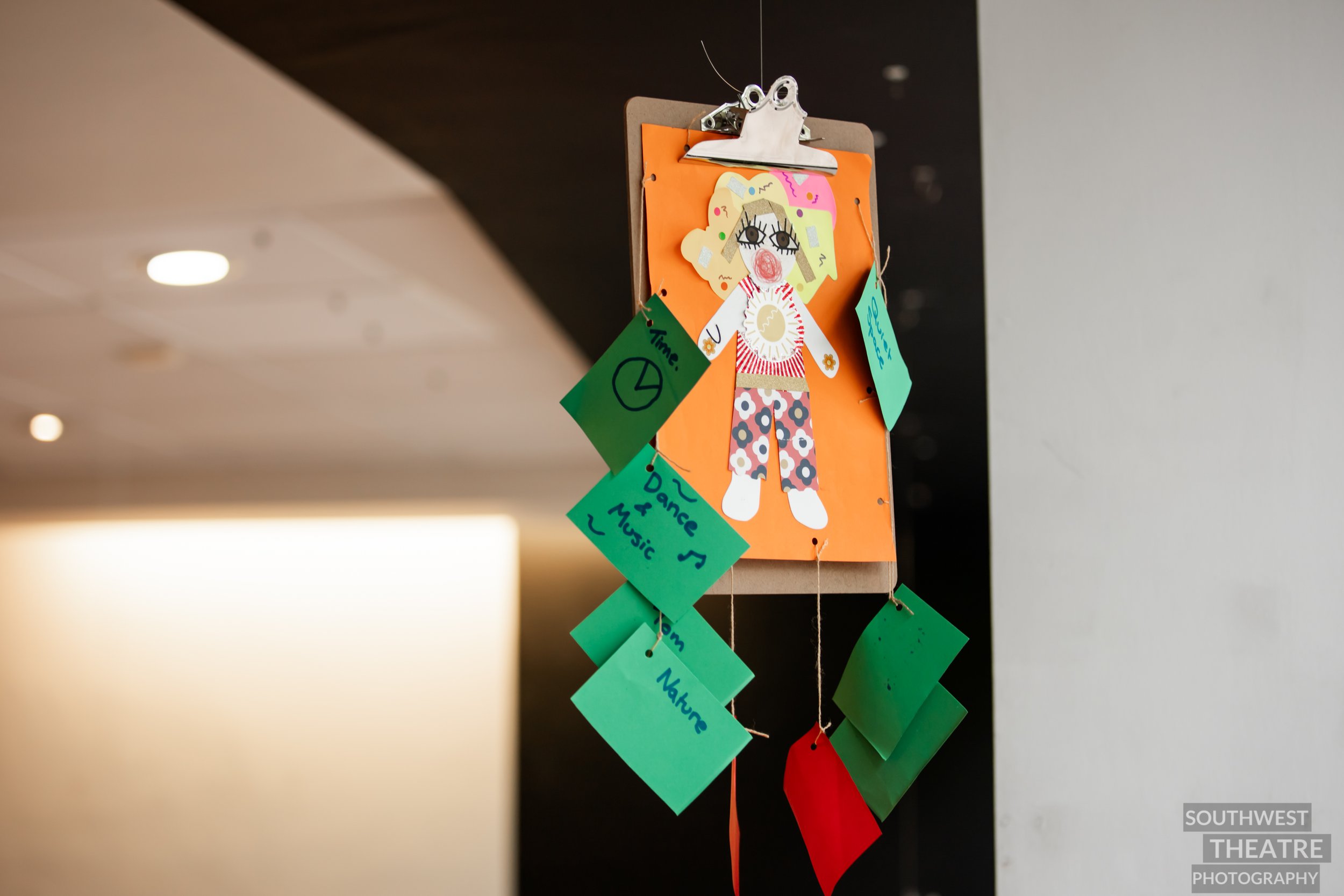 Anon stuck on a orange background held up by a clipboard, dangles from the ceiling. Bits of green card are tied on