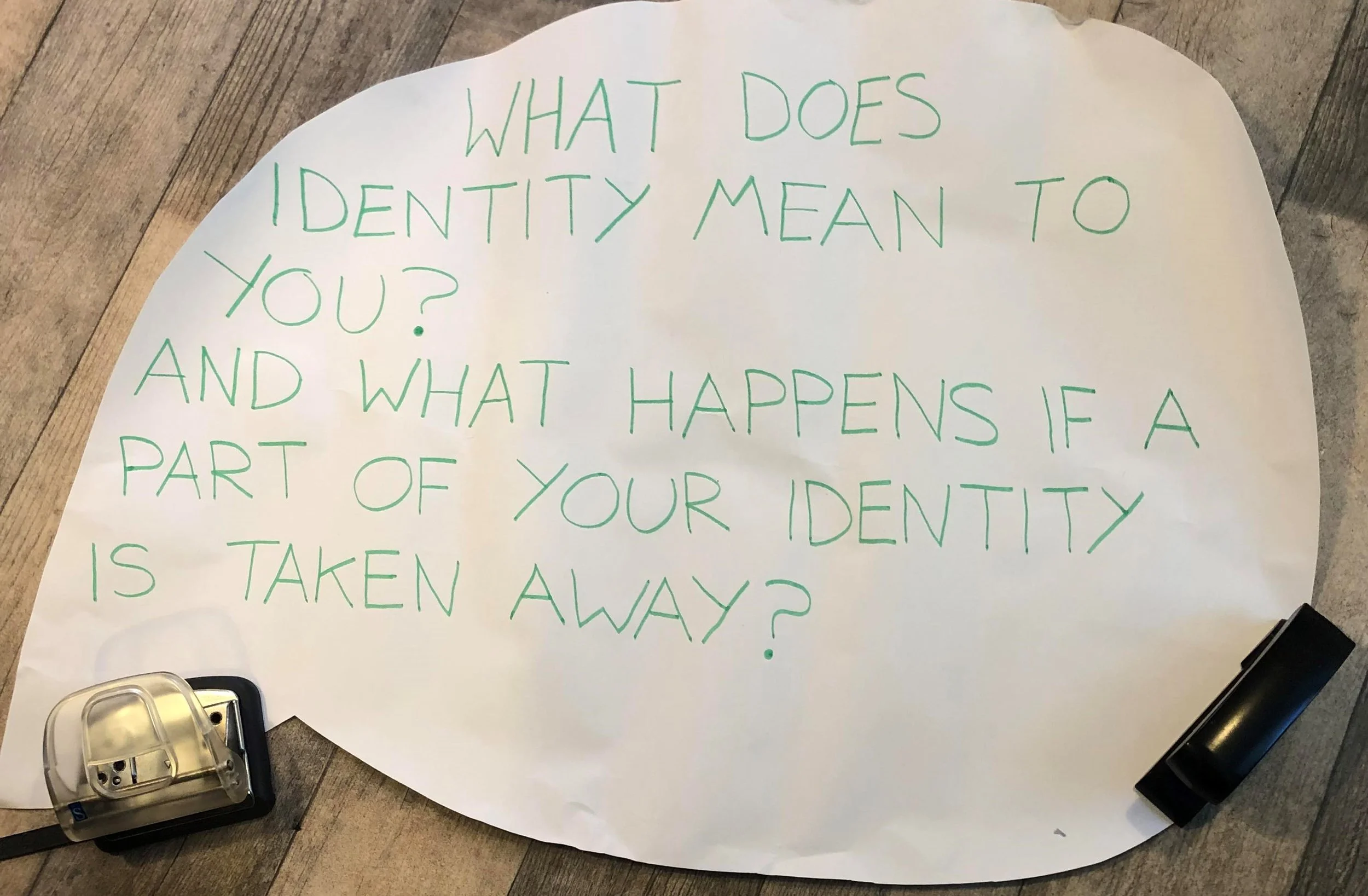 Cut out speech bubble reads: What doe identity mean to you? And what happens if a part of your identity is taken away?