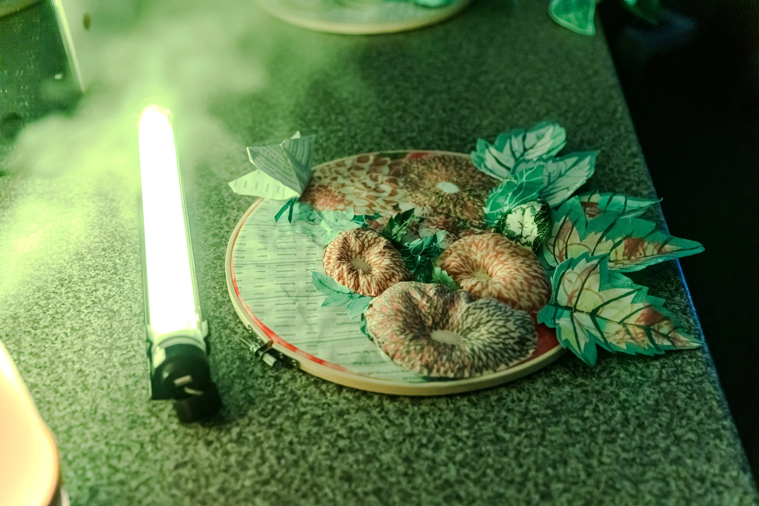 A handcrafted colage of bright colours, leaves and flowers cover a round embroidery frame. The othe corner is made up of grey paper which was a NHS medical form. Left, strip light cast photo in green.