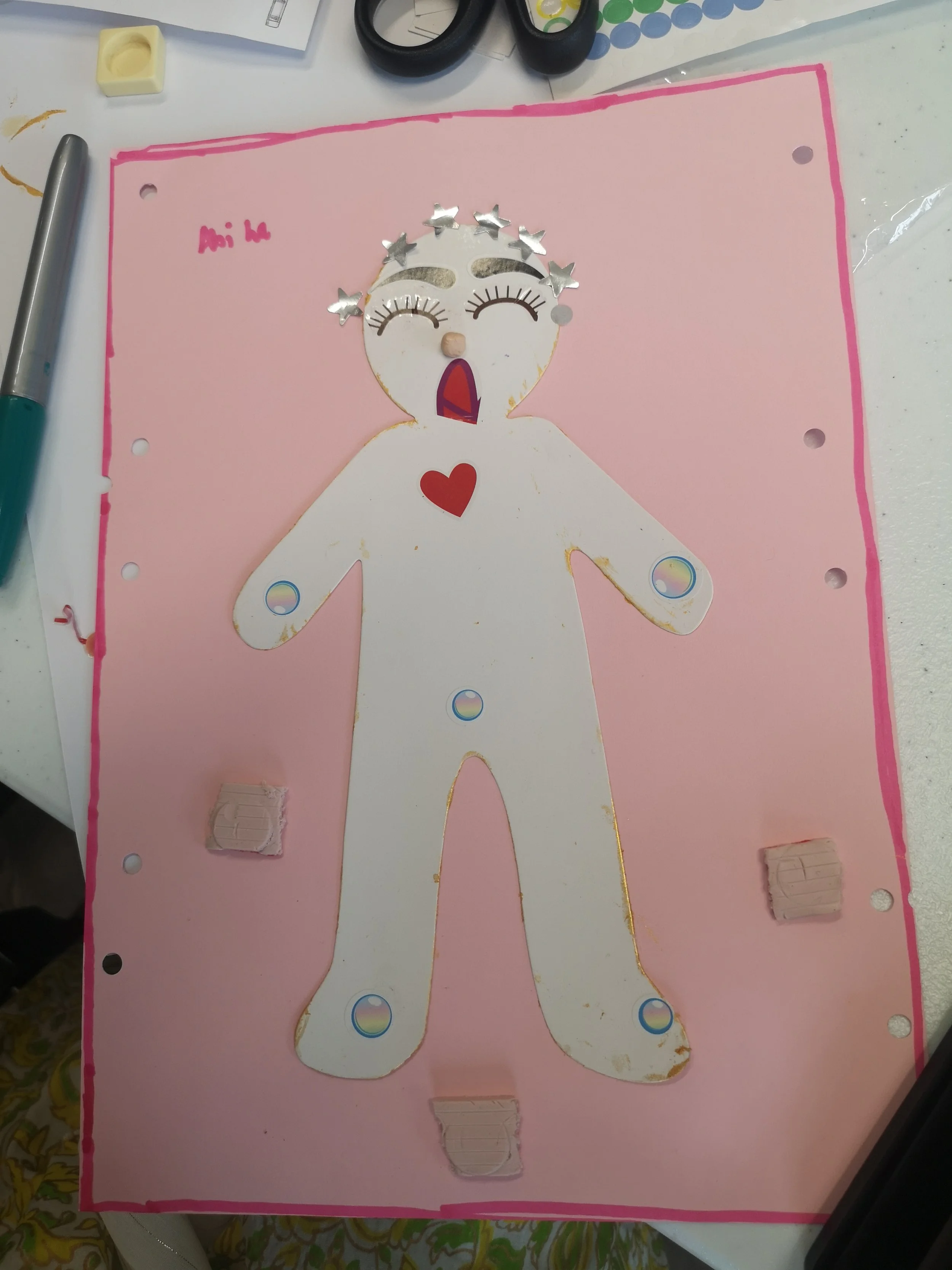 A anon on a pink background a yawning mouth and patterns around there limbs with a heart in the center