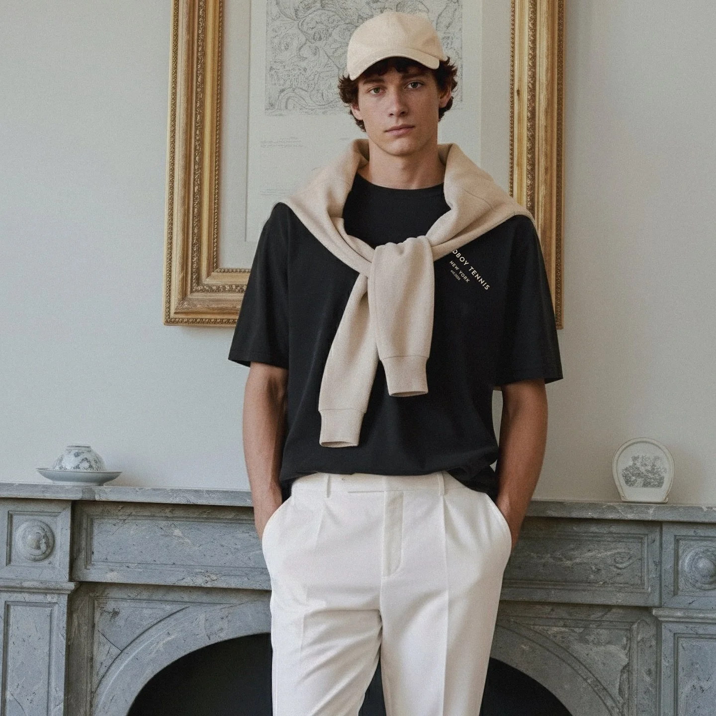 Winter, pared back. Black tee, camel knit, tailored ivory&mdash;quiet confidence for city interiors.