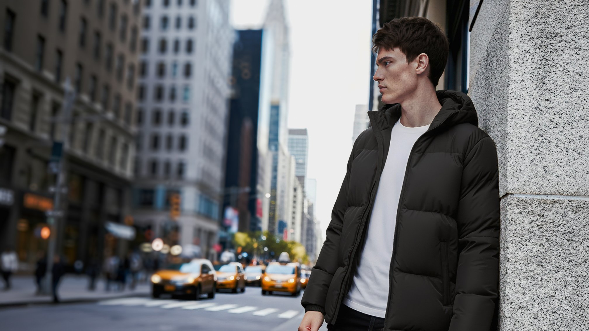 Young man with brown hair wearing a black puffer jacket and white t-shirt leaning against a building wall on a city street with taxis and tall buildings in the background.