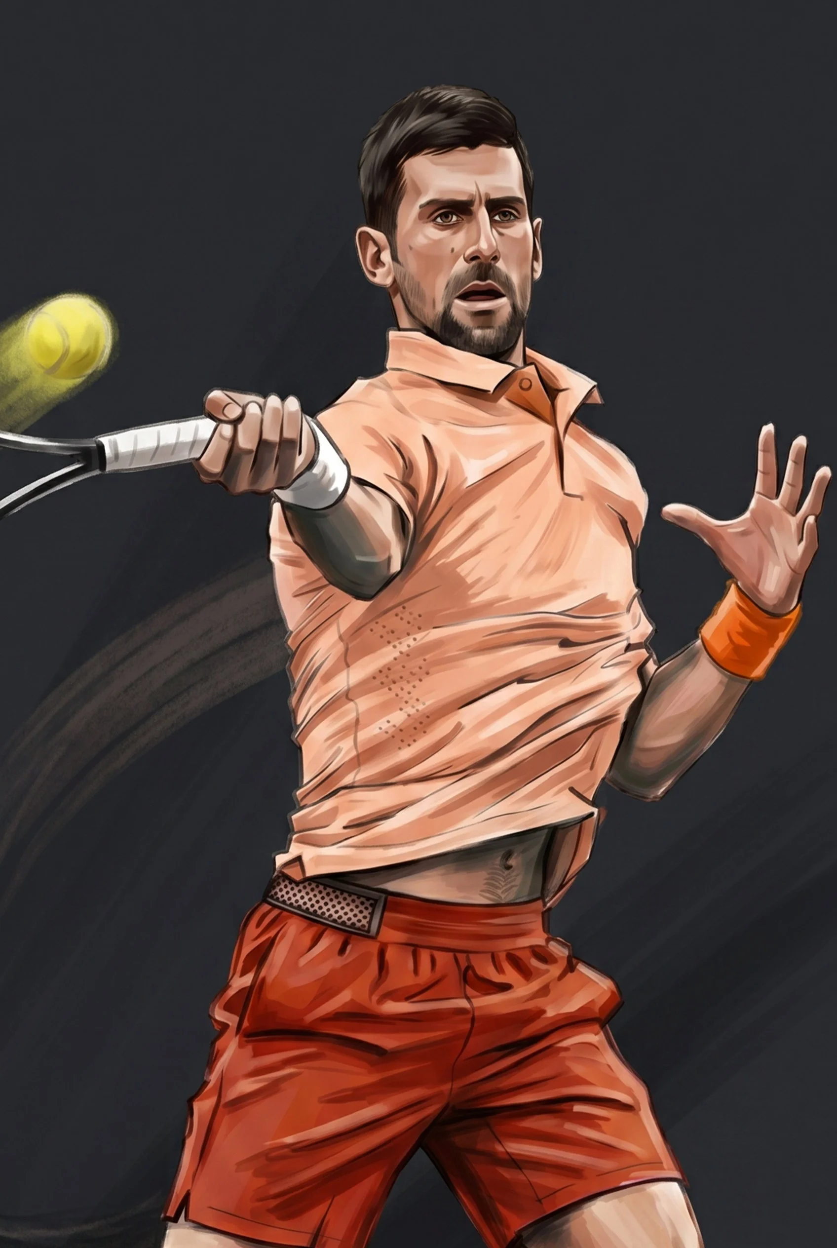 A stylized illustration of a man playing tennis, swinging a tennis racket with a yellow tennis ball in motion. The man has dark hair, a beard, and is dressed in a peach-colored polo shirt and orange shorts, set against a dark background.