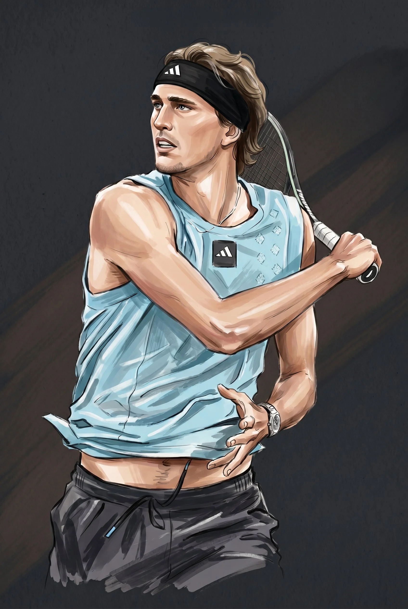Digital illustration of a young male tennis player with long hair, wearing a black headband, a light blue sleeveless shirt, and black shorts, holding a tennis racket.