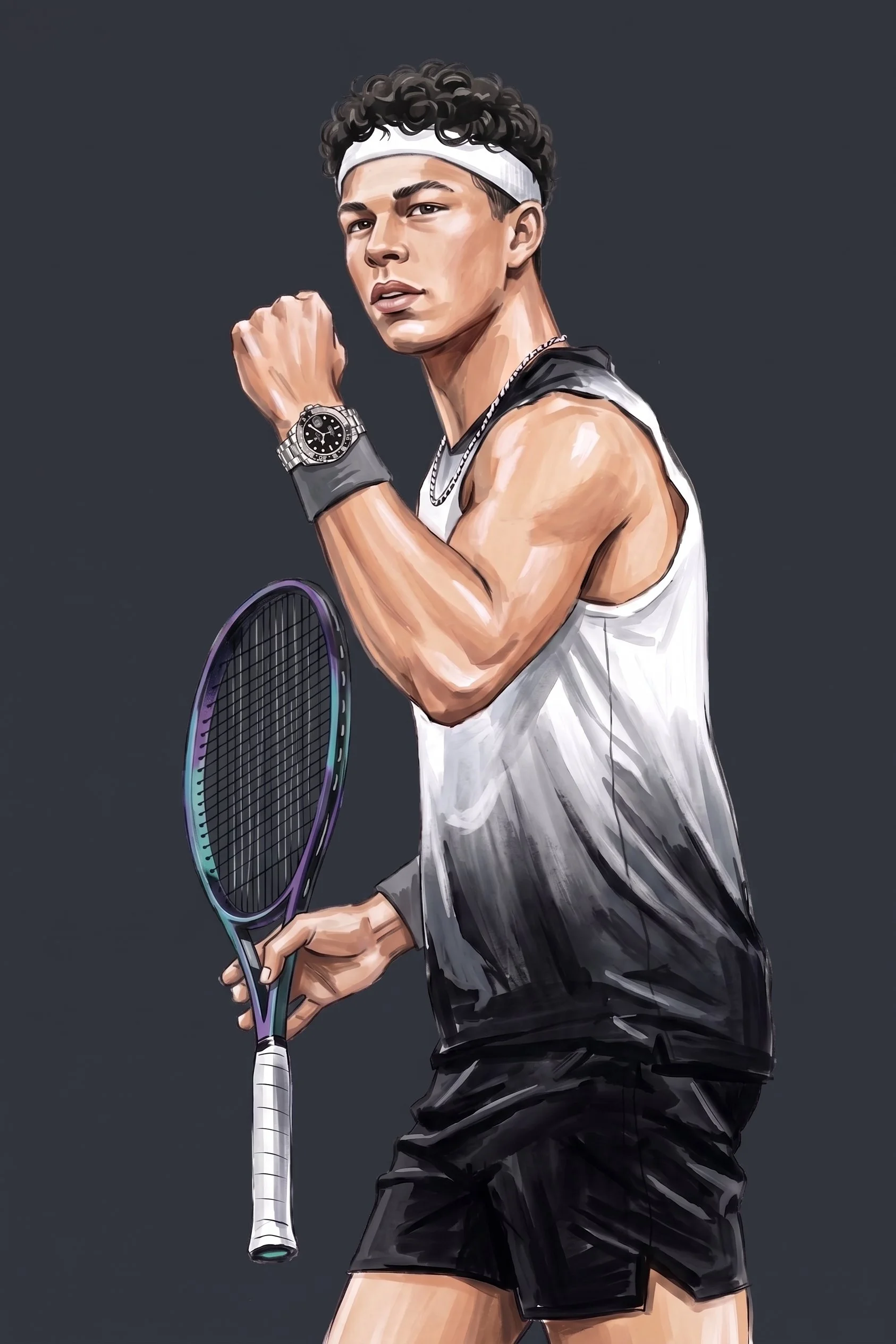 A young male tennis player with curly hair, wearing a white headband, a white sleeveless athletic shirt, black shorts, a watch, and a chain necklace, holding a purple and black tennis racket.
