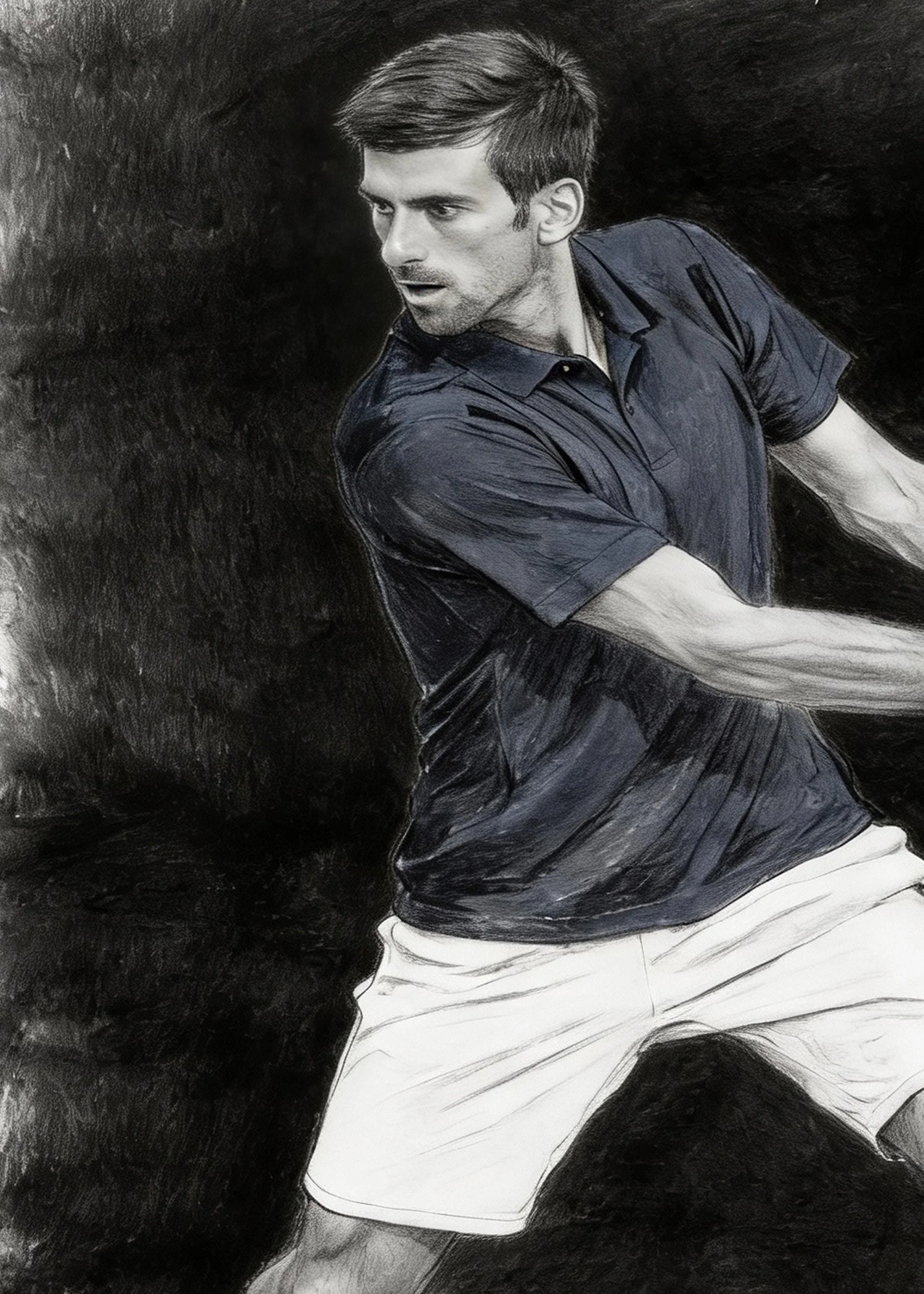 A person in a polo shirt and shorts appears to be in a tennis or sports stance, with a dark background.