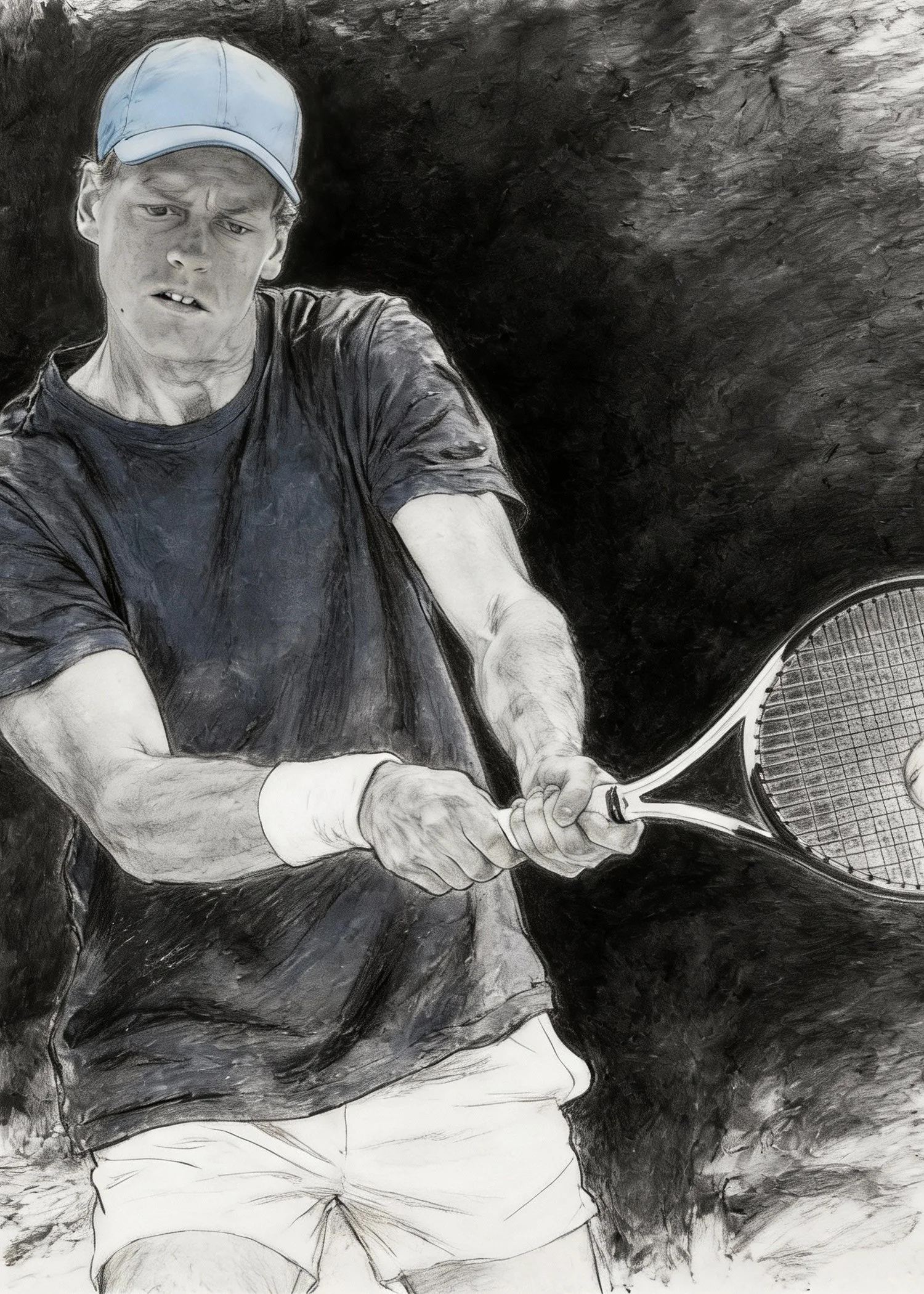 A young man in a baseball cap and t-shirt swinging a tennis racket, appearing focused, with a dark background.