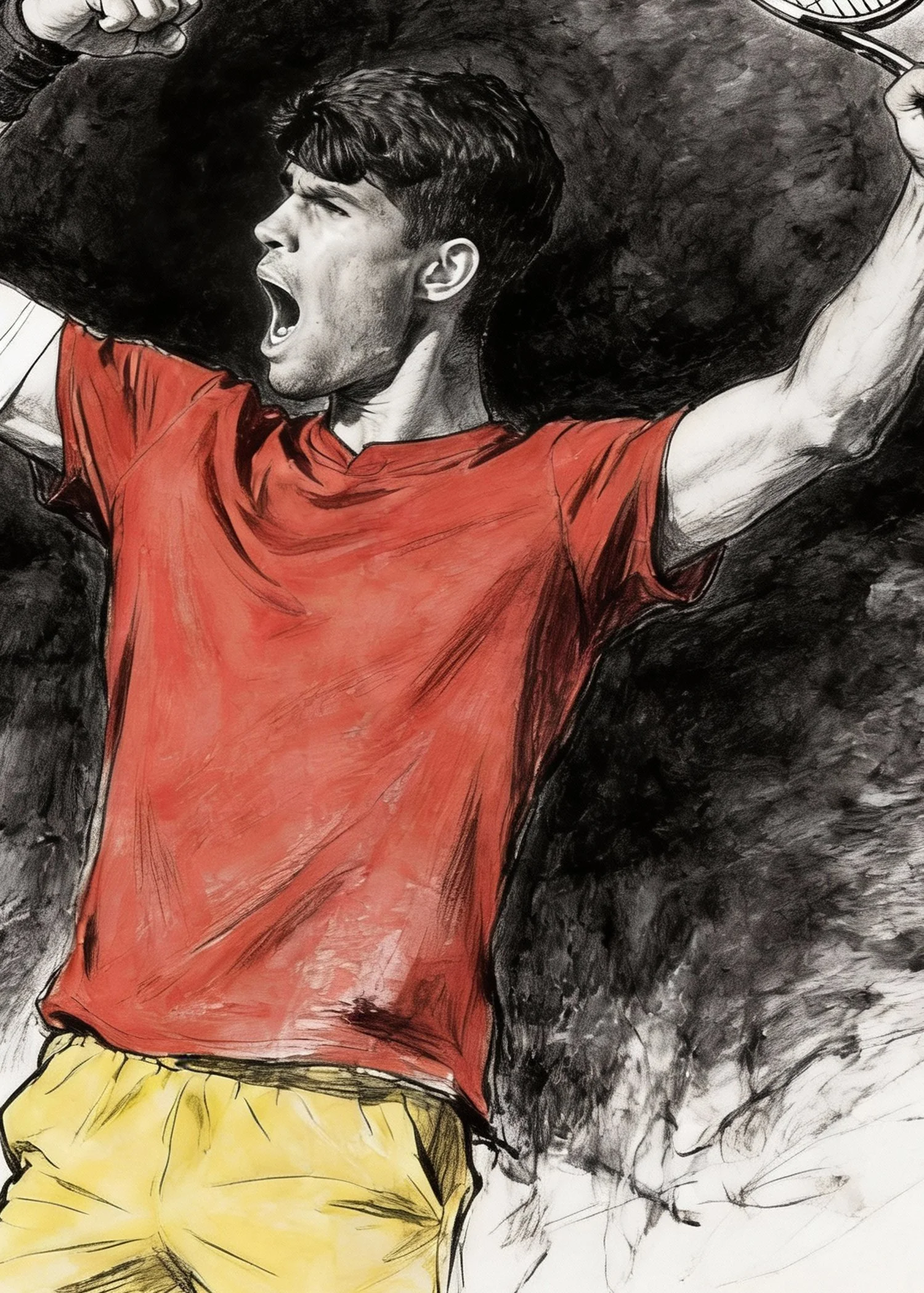 A black and white illustration of a young man with short hair, wearing a red shirt and yellow shorts, with arms raised and mouth open as if shouting or cheering, against a dark background.