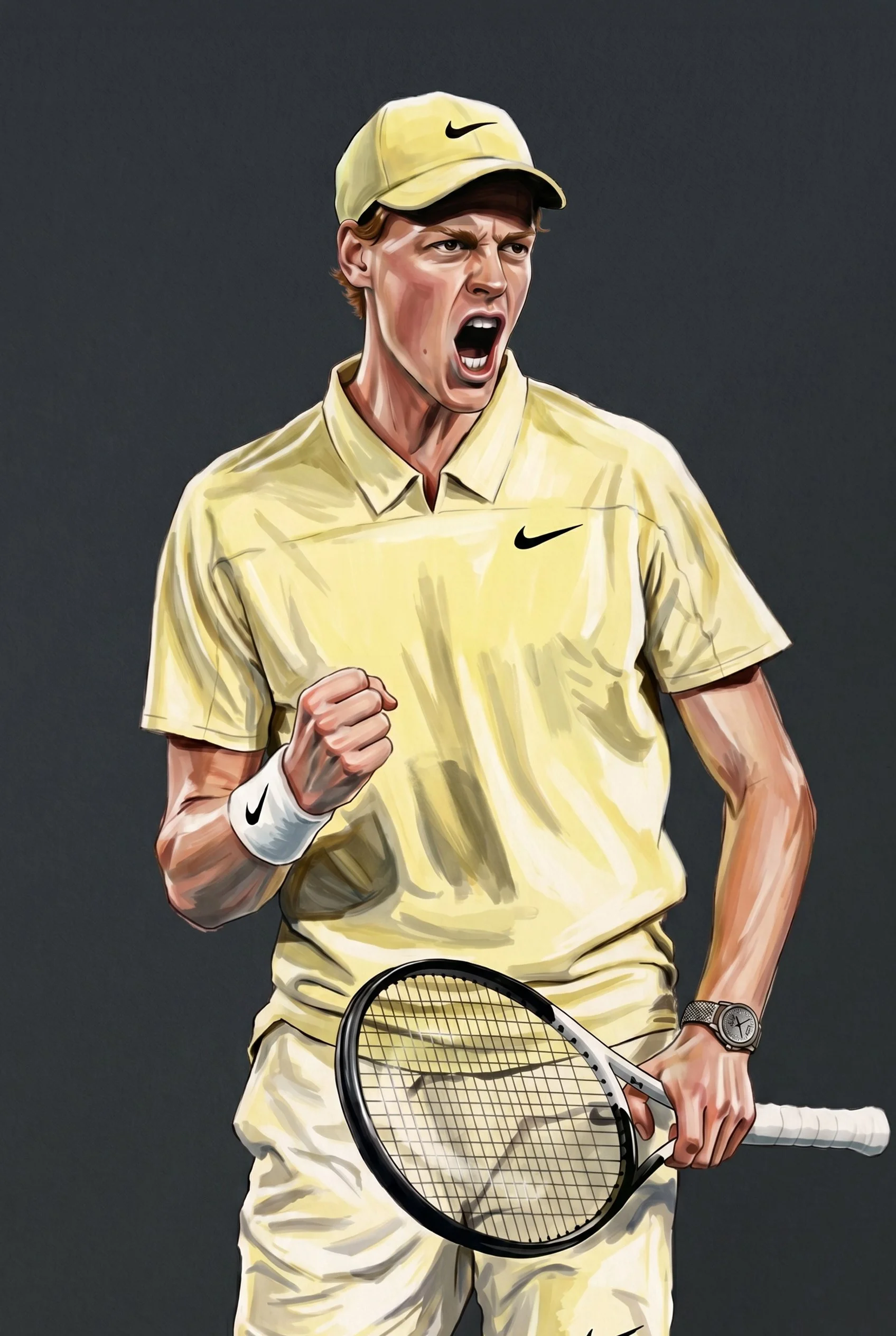 Illustration of a young male tennis player wearing a yellow Nike cap and matching yellow sportswear, holding a tennis racket, with a clenched fist and an expression of determination.