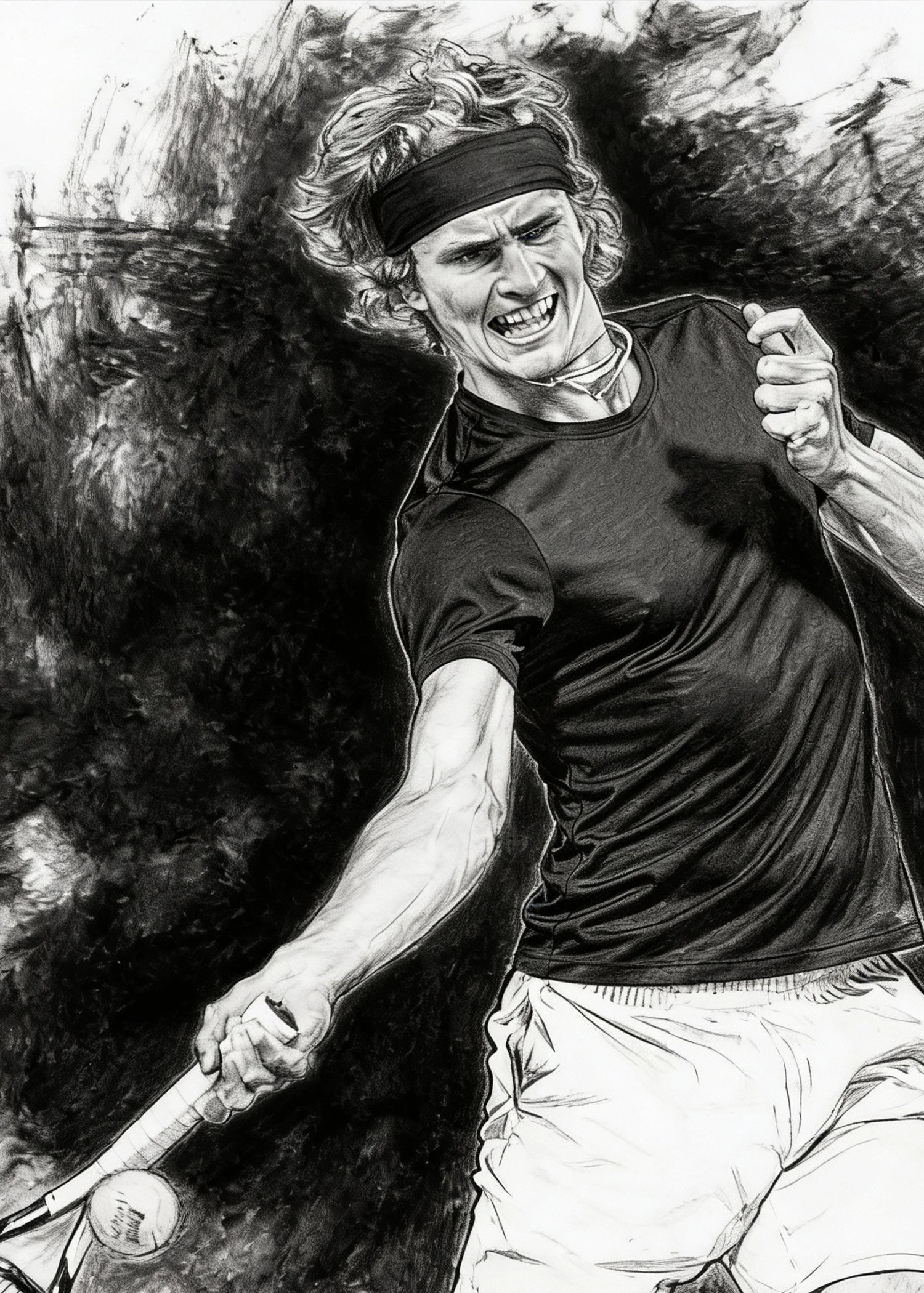 Black and white drawing of a tennis player hitting a ball with a racket, with intense facial expression, wearing a headband and athletic clothing.