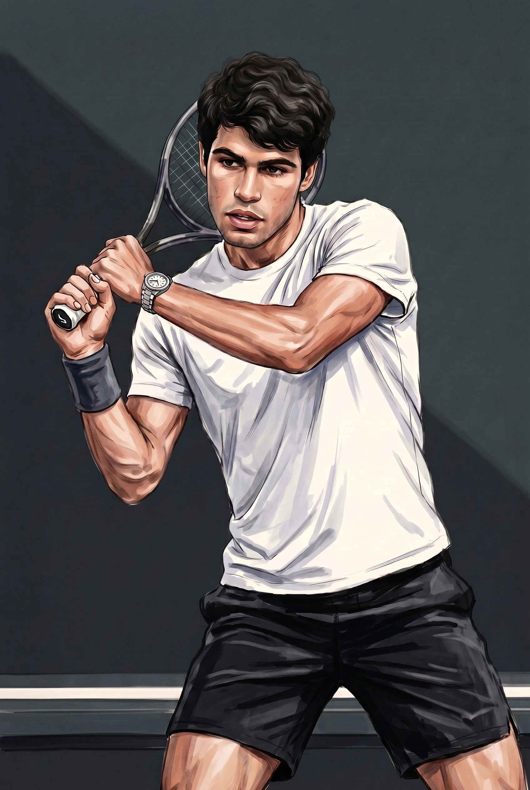 A young man with dark curly hair, wearing a white t-shirt and black shorts, holding a tennis racket behind his neck, standing on a tennis court.