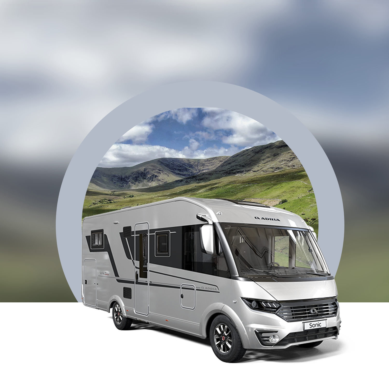 Motorhome with scenic mountain background